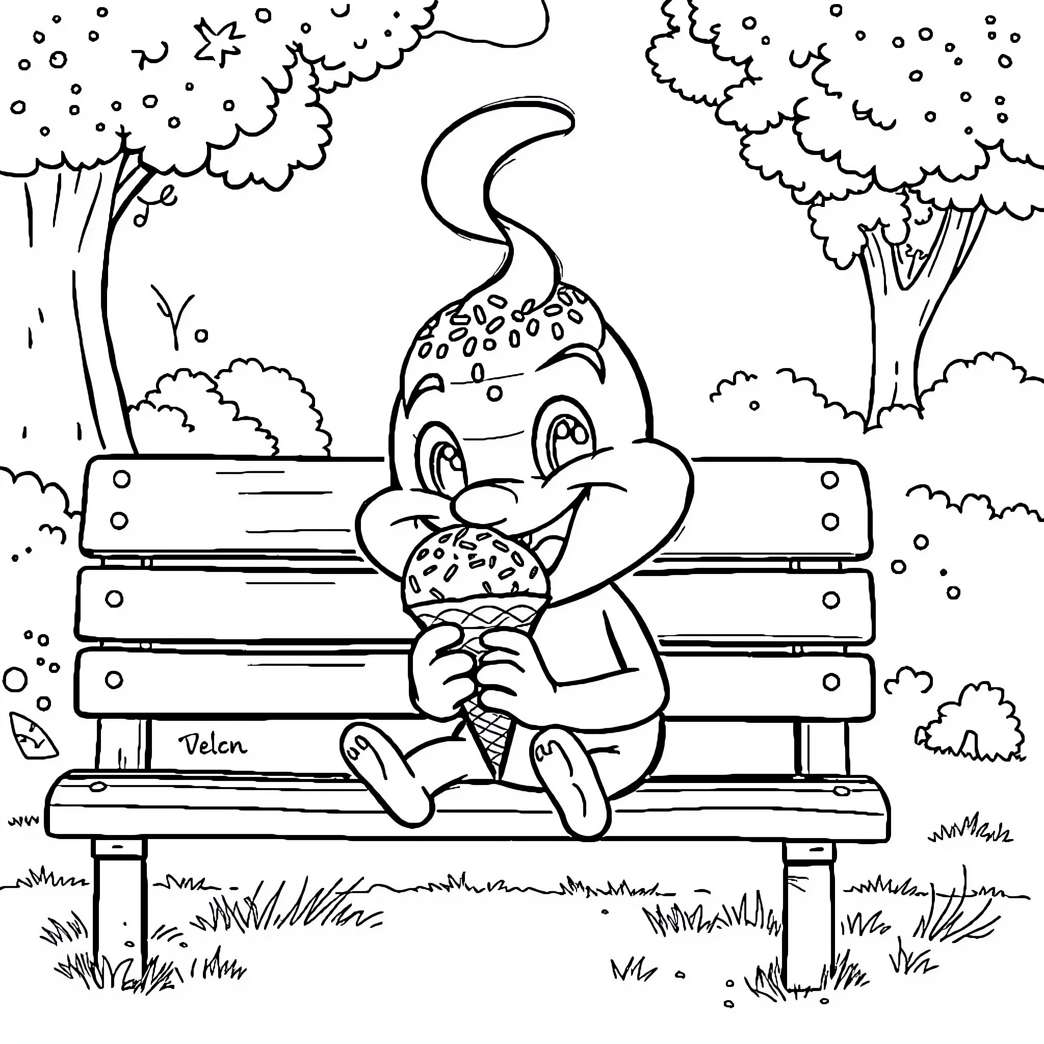 Sprunky character enjoying snack on park bench Coloring Page (free black-and-white line drawing printable PDF for all, from beginners to advanced learners, including children, teens, adults, and seniors)