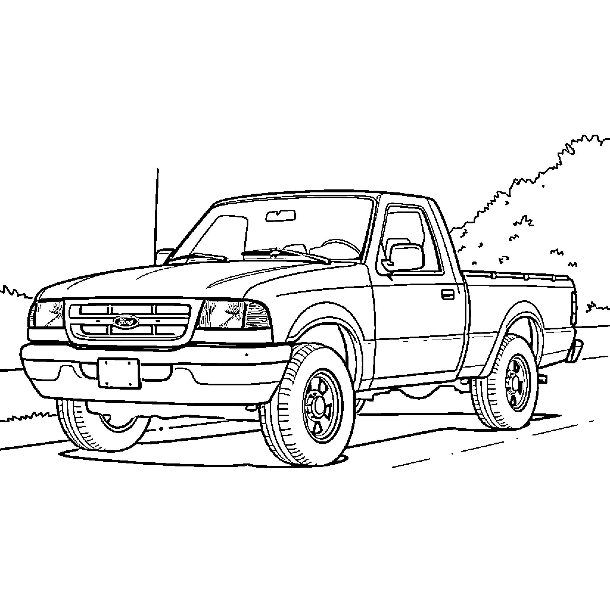 Ford Ranger truck off-road adventure Coloring Page (free black-and-white line drawing printable PDF for all, from beginners to advanced learners, including children, teens, adults, and seniors)