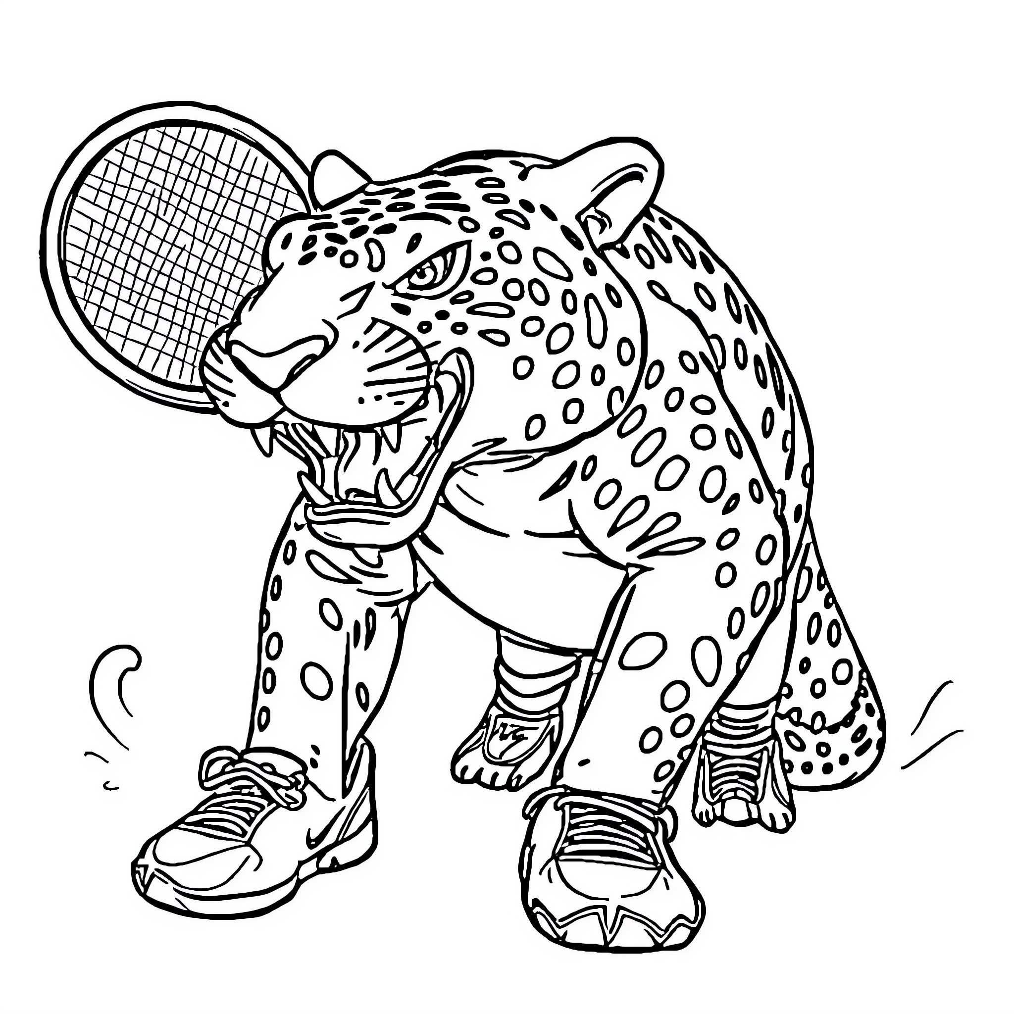 Tiburon playing a game with tennis racket Coloring Page (free black-and-white line drawing printable PDF for all, from beginners to advanced learners, including children, teens, adults, and seniors)