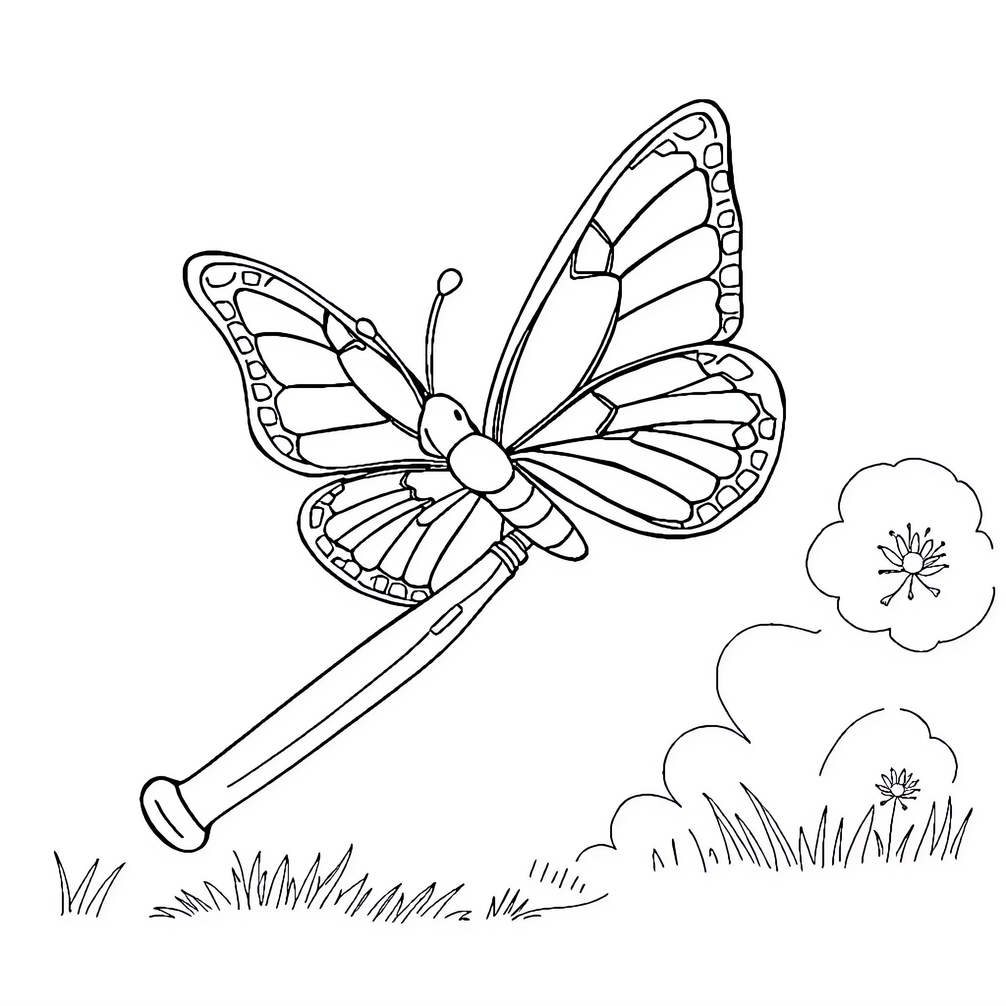 Butterfly flying amidst flowers and greenery Coloring Page (free black-and-white line drawing printable PDF for all, from beginners to advanced learners, including children, teens, adults, and seniors)