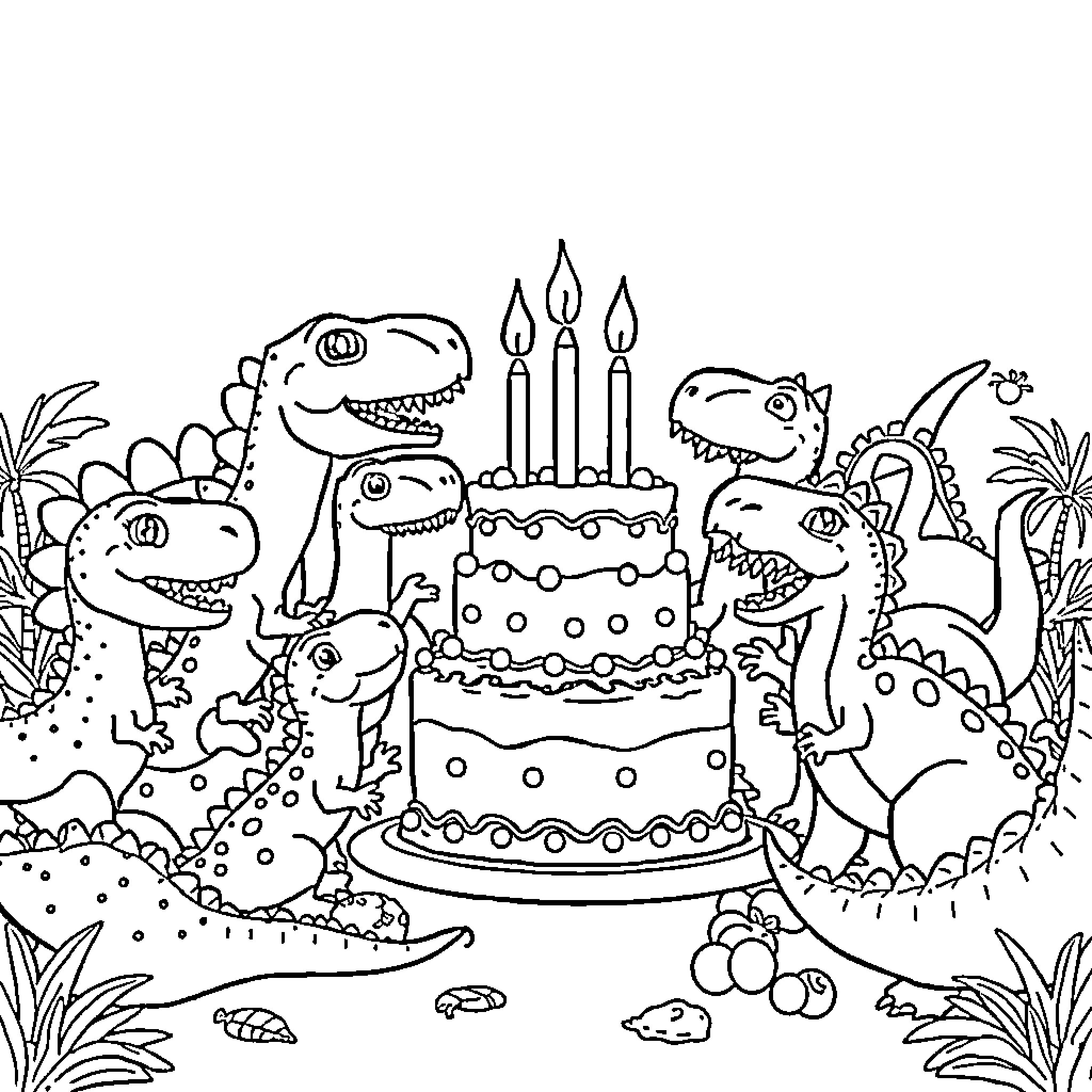 Dinosaurs celebrating a birthday party Coloring Page (free black-and-white line drawing printable PDF for all, from beginners to advanced learners, including children, teens, adults, and seniors)
