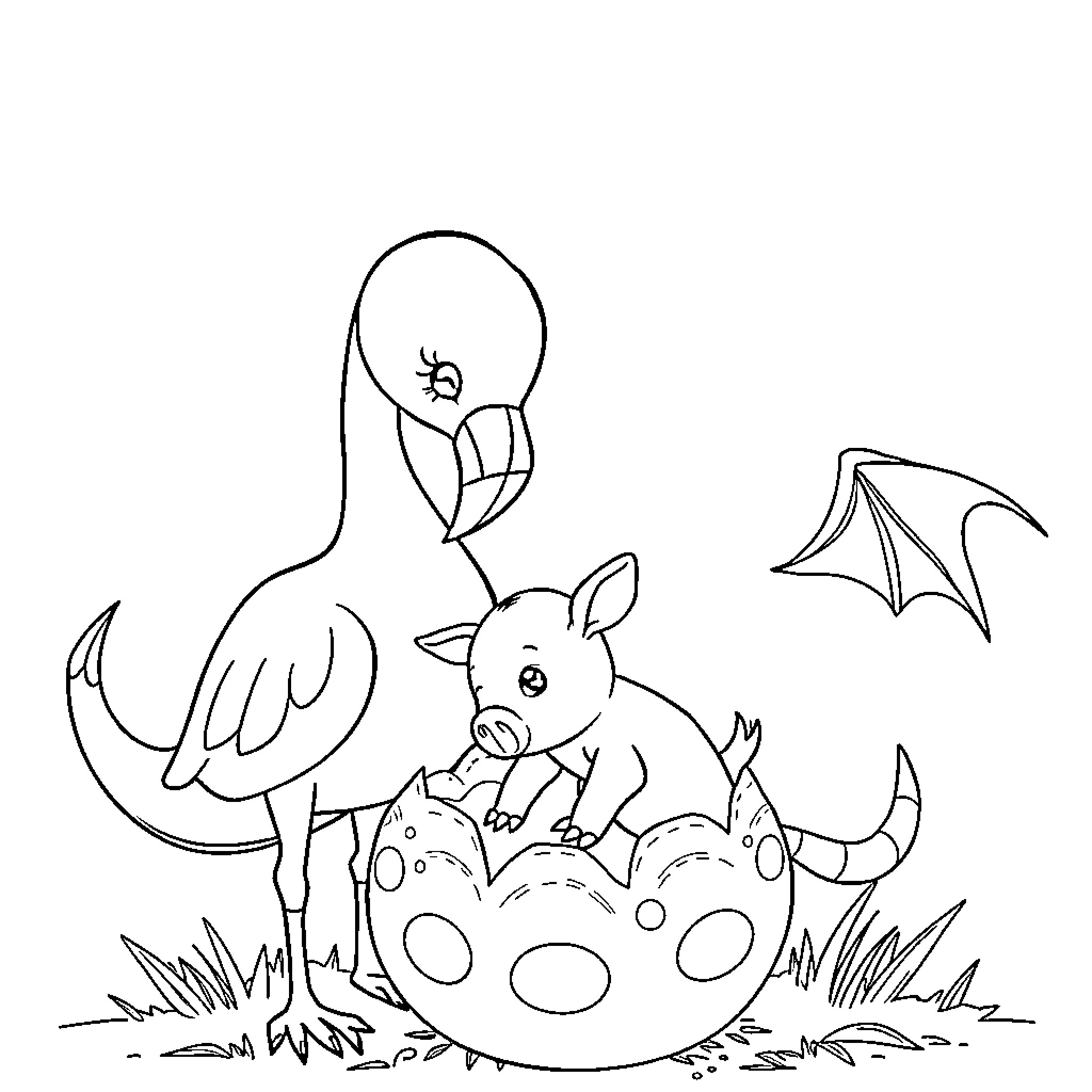 Dragon hatchling emerging from egg with animal companion Coloring Page (free black-and-white line drawing printable PDF for all, from beginners to advanced learners, including children, teens, adults, and seniors)