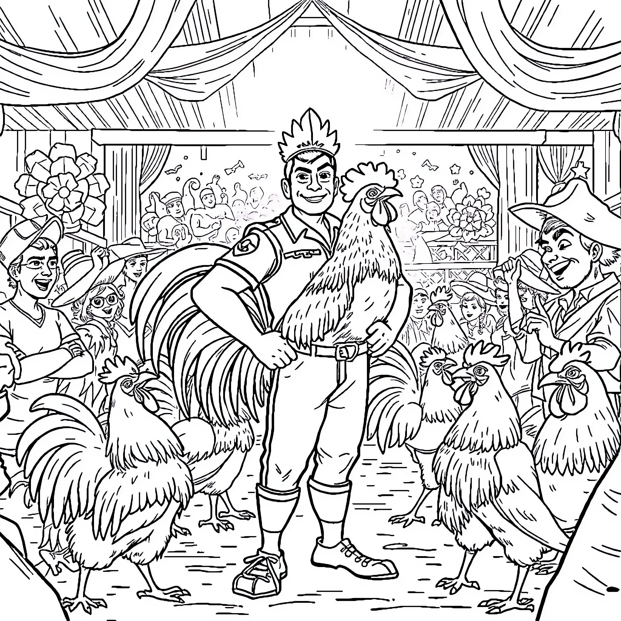 Chalino Sánchez performing with his chickens on stage Coloring Page (free black-and-white line drawing printable PDF for all, from beginners to advanced learners, including children, teens, adults, and seniors)