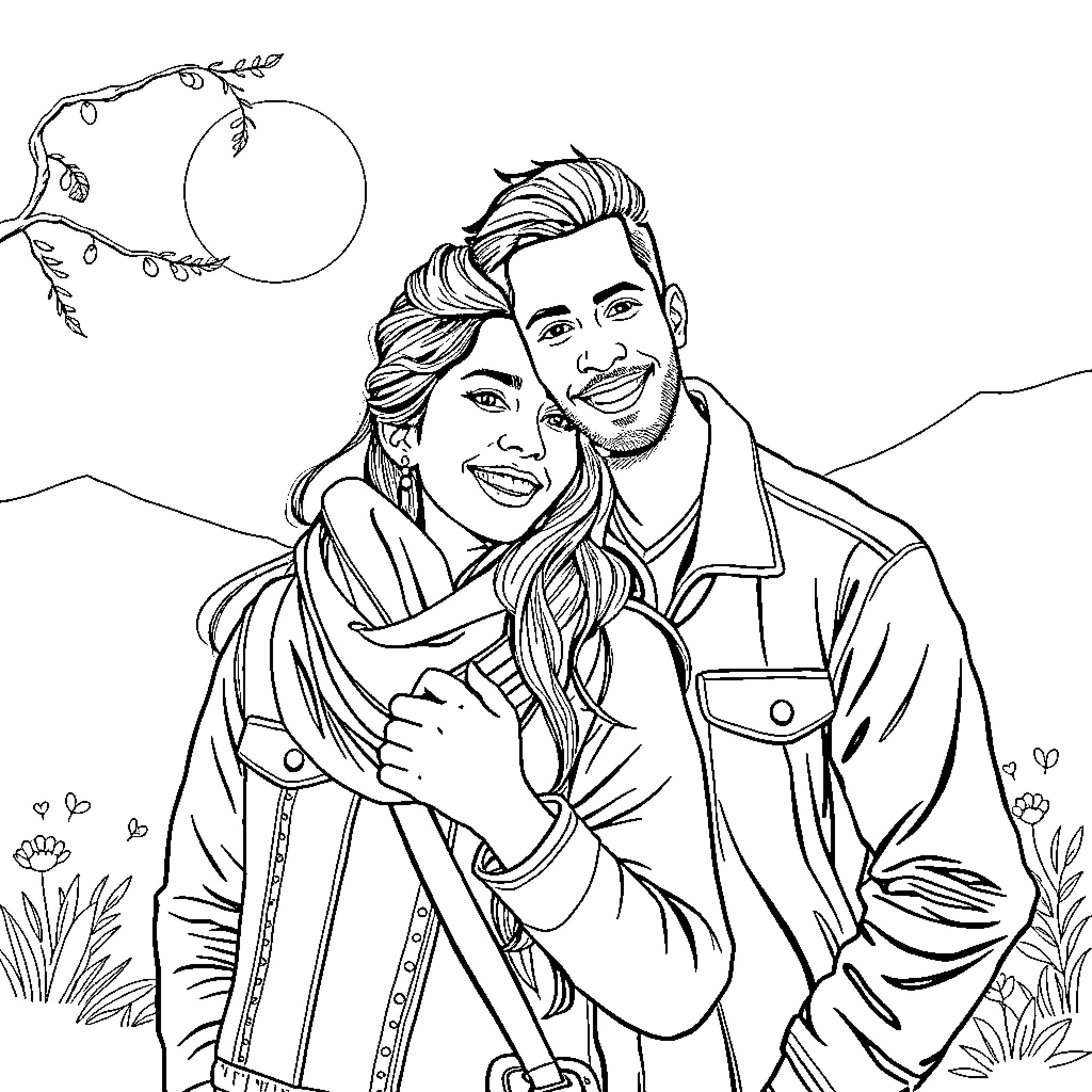 Nepalese Guy and Woman Embracing in Scenic Landscape Coloring Page (free black-and-white line drawing printable PDF for all, from beginners to advanced learners, including children, teens, adults, and seniors)