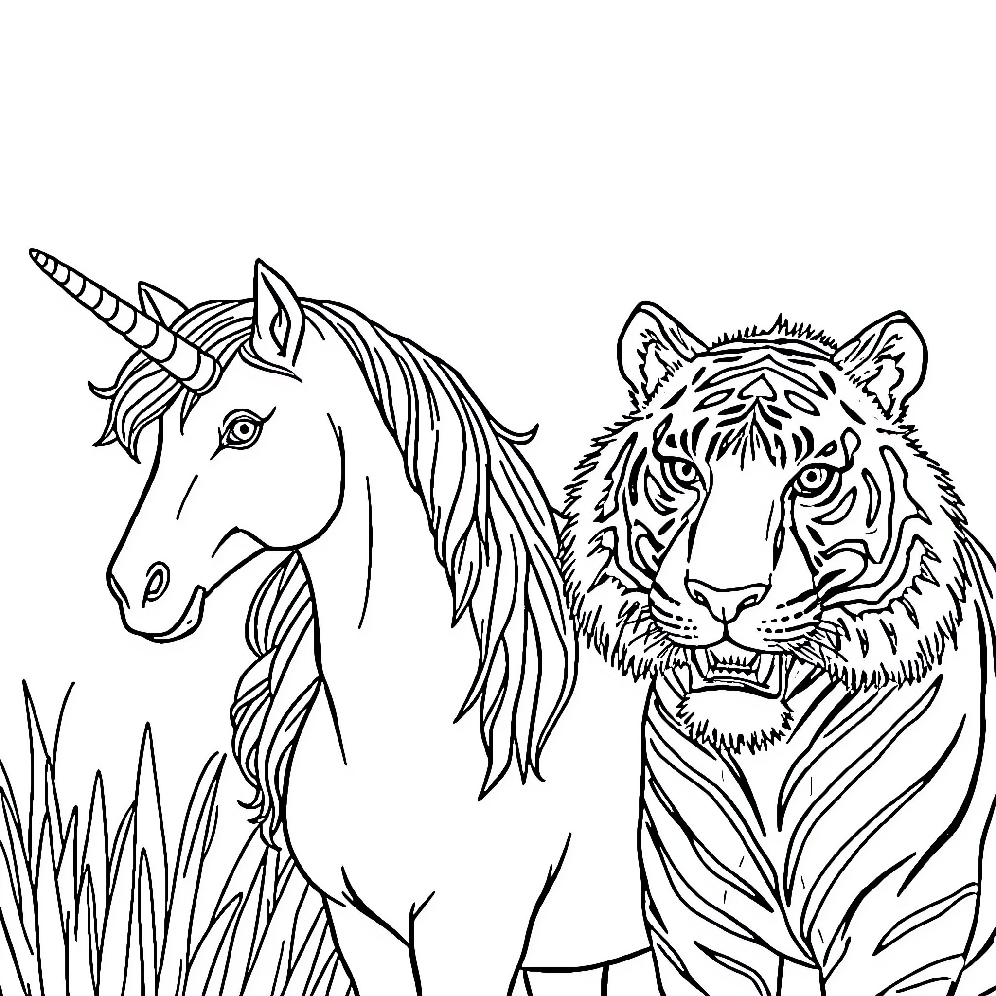 Unicorn and Tiger Exploring the Wilderness Coloring Page (free black-and-white line drawing printable PDF for all, from beginners to advanced learners, including children, teens, adults, and seniors)