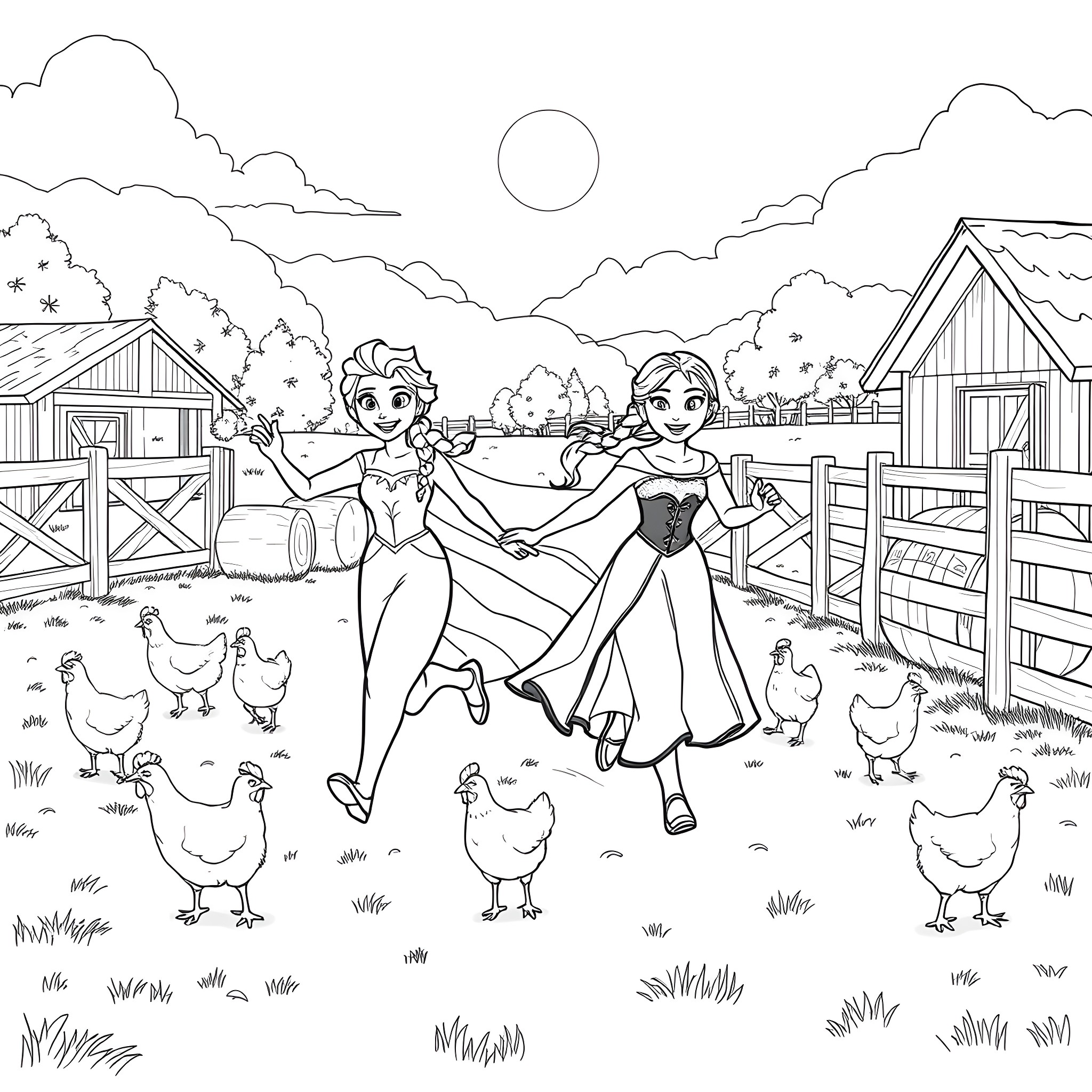 Elsa and Anna Joyfully Dancing on the Farm Coloring Page (free black-and-white line drawing printable PDF for all, from beginners to advanced learners, including children, teens, adults, and seniors)