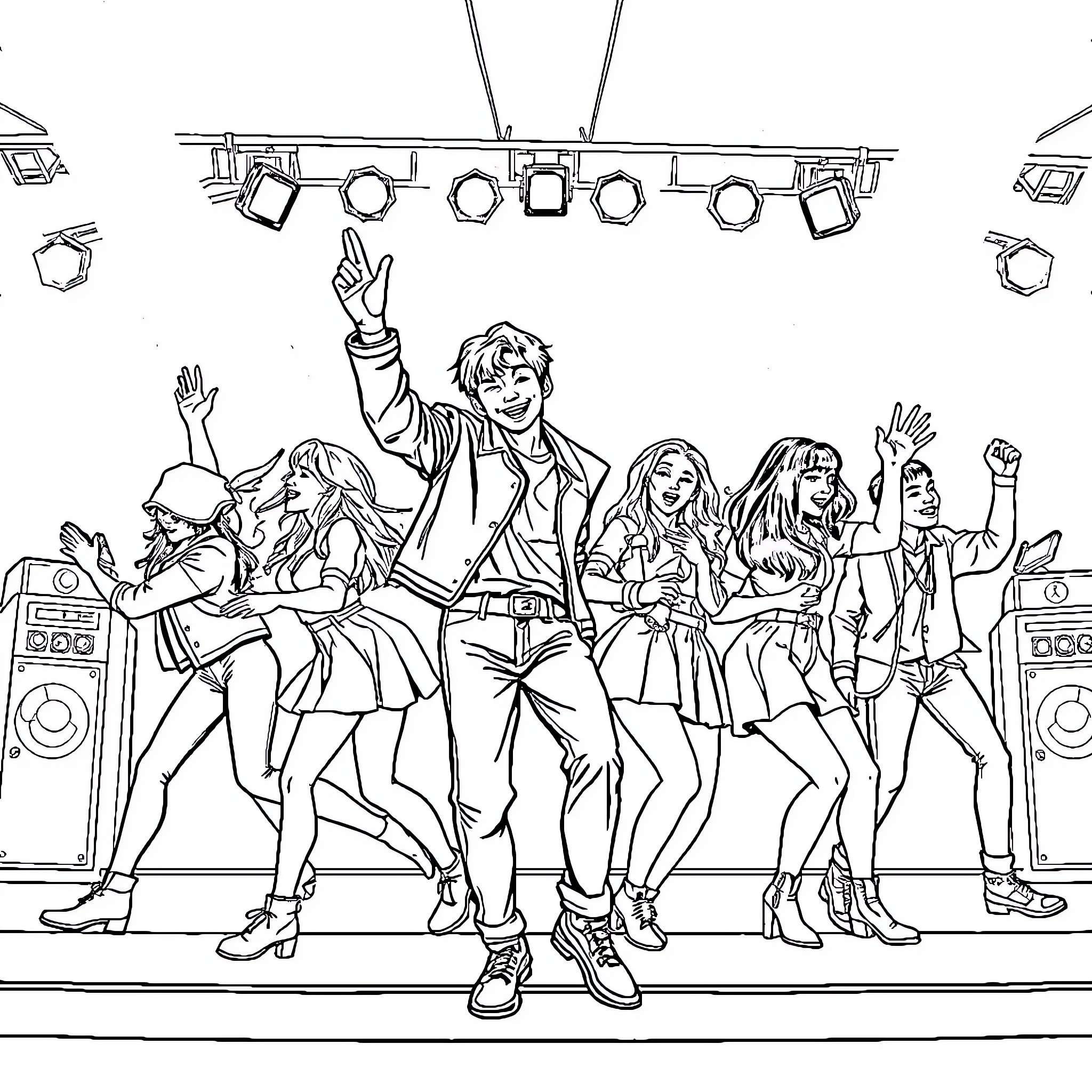 Kpop Idol Group Performing on Stage Coloring Page (free black-and-white line drawing printable PDF for all, from beginners to advanced learners, including children, teens, adults, and seniors)