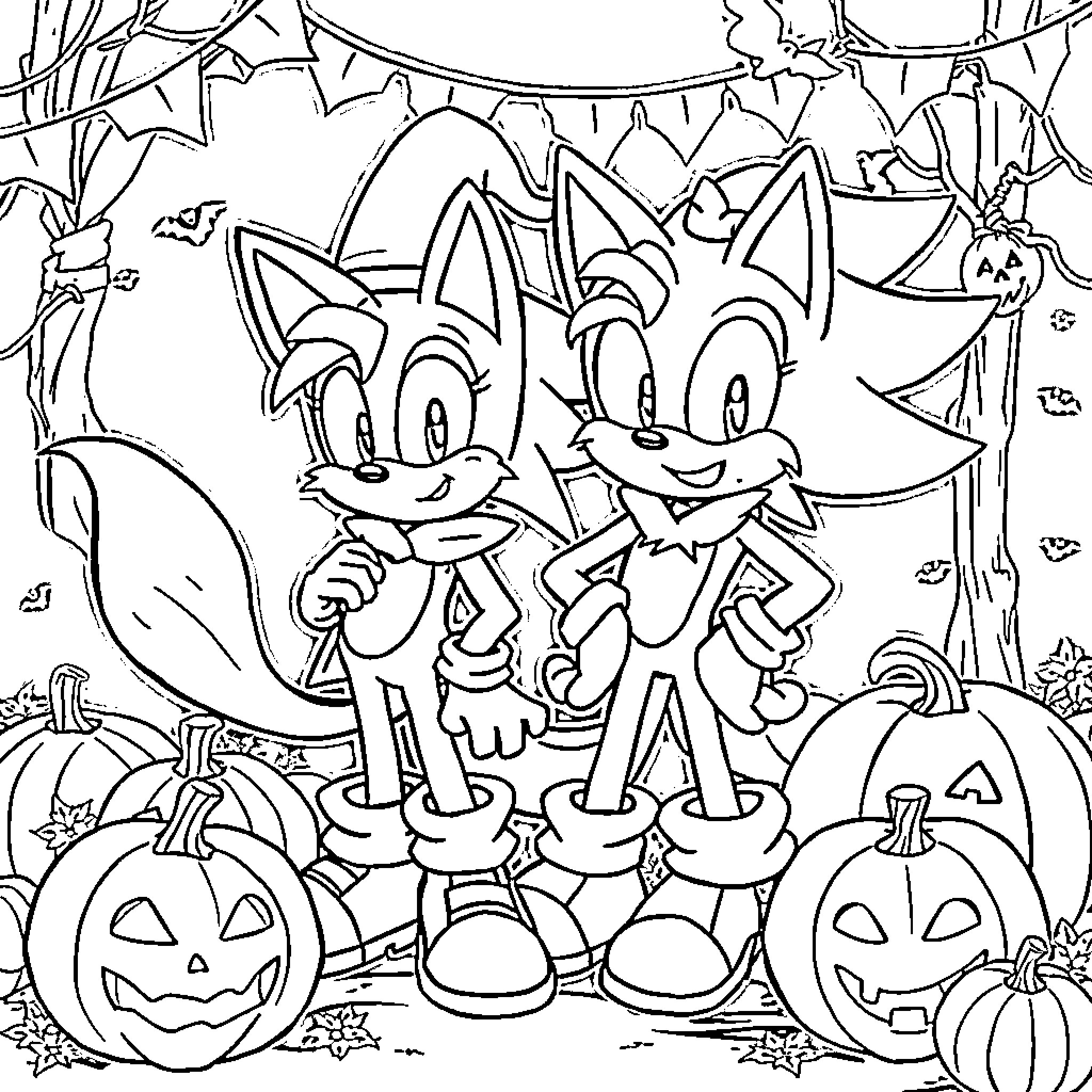 Sonic characters enjoying a Halloween celebration Coloring Page (free black-and-white line drawing printable PDF for all, from beginners to advanced learners, including children, teens, adults, and seniors)
