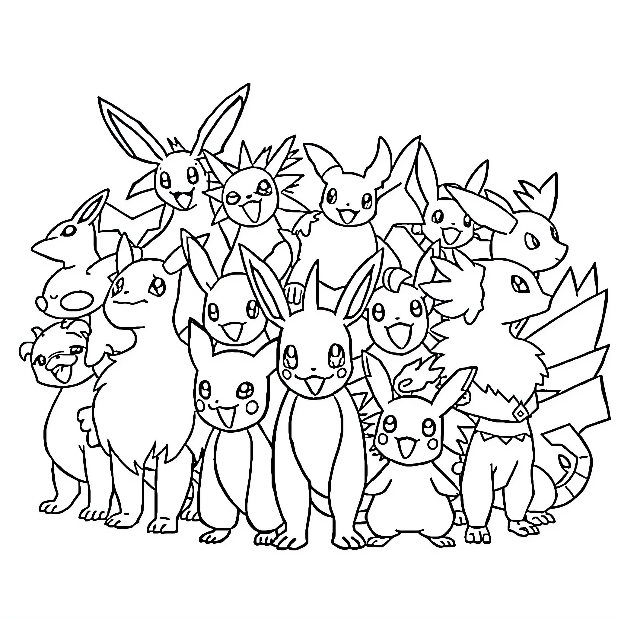 Pokémon characters gathered together Coloring Page (free black-and-white line drawing printable PDF for all, from beginners to advanced learners, including children, teens, adults, and seniors)