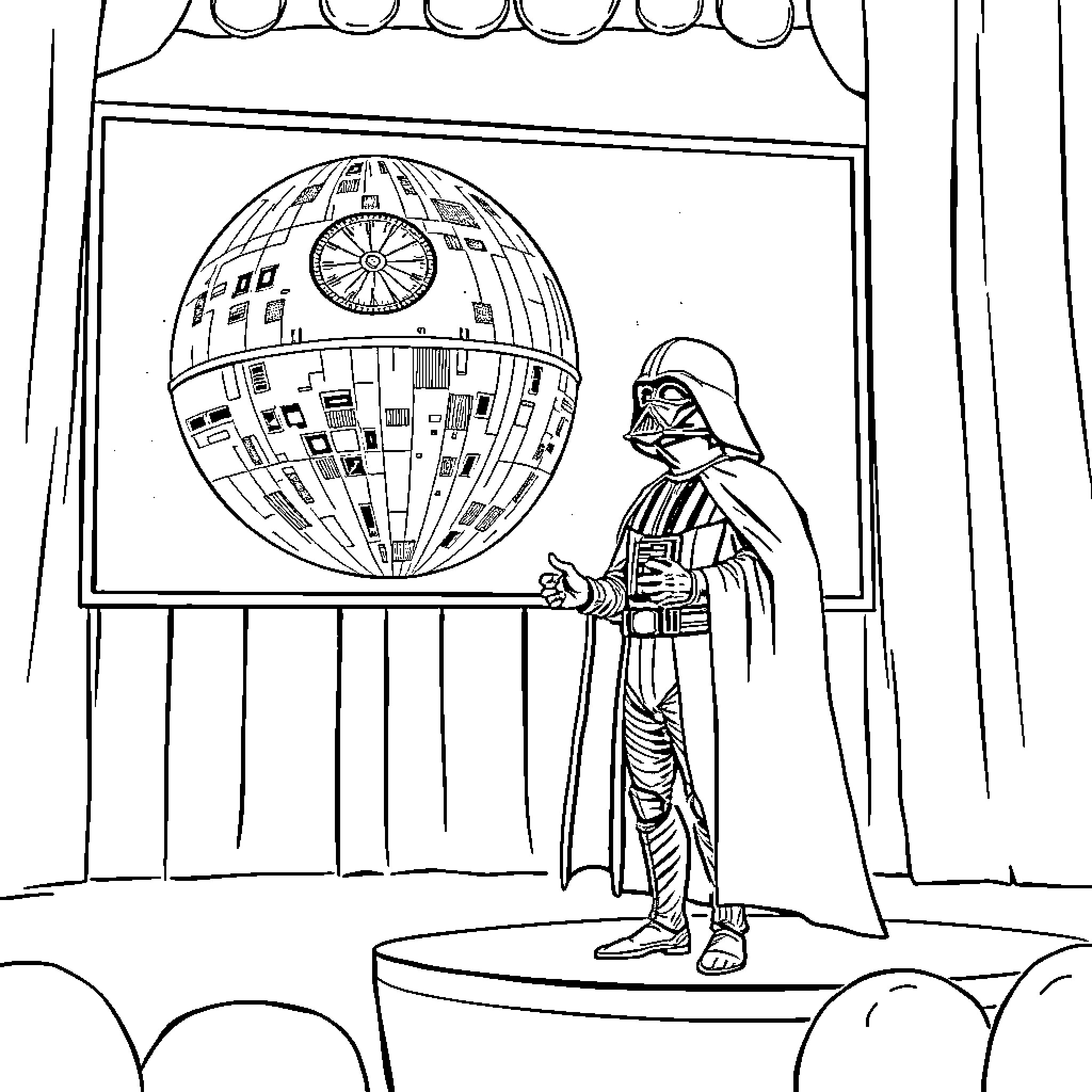 Darth Vader presenting the Death Star Coloring Page (free black-and-white line drawing printable PDF for all, from beginners to advanced learners, including children, teens, adults, and seniors)