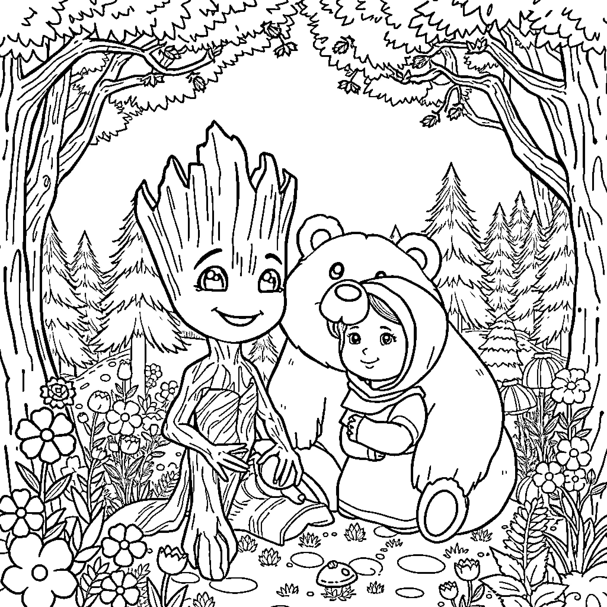 Groot and Bear Cub Exploring the Enchanted Forest Coloring Page (free black-and-white line drawing printable PDF for all, from beginners to advanced learners, including children, teens, adults, and seniors)