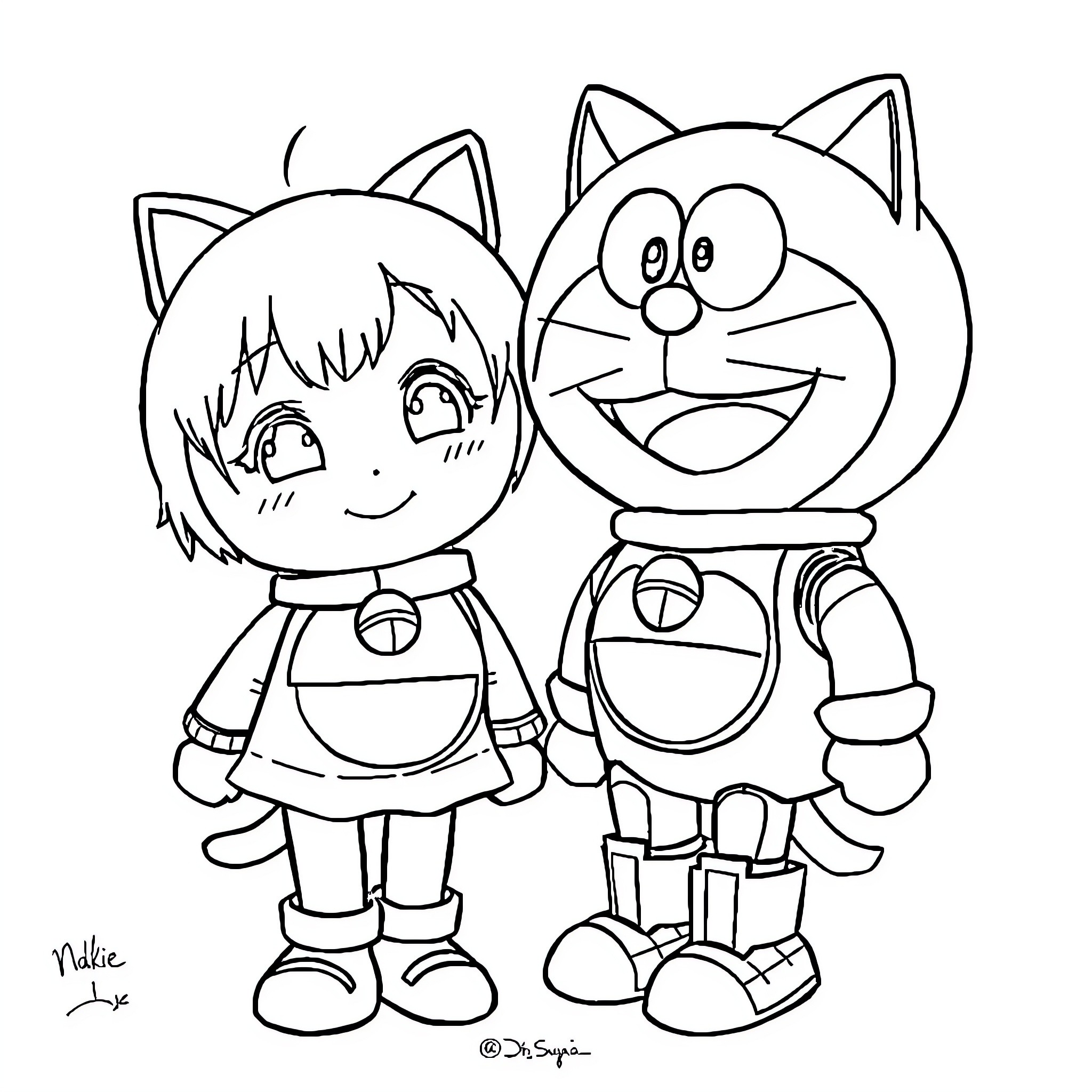 Doraemon and a smiling girl in cartoon outfits Coloring Page (free black-and-white line drawing printable PDF for all, from beginners to advanced learners, including children, teens, adults, and seniors)