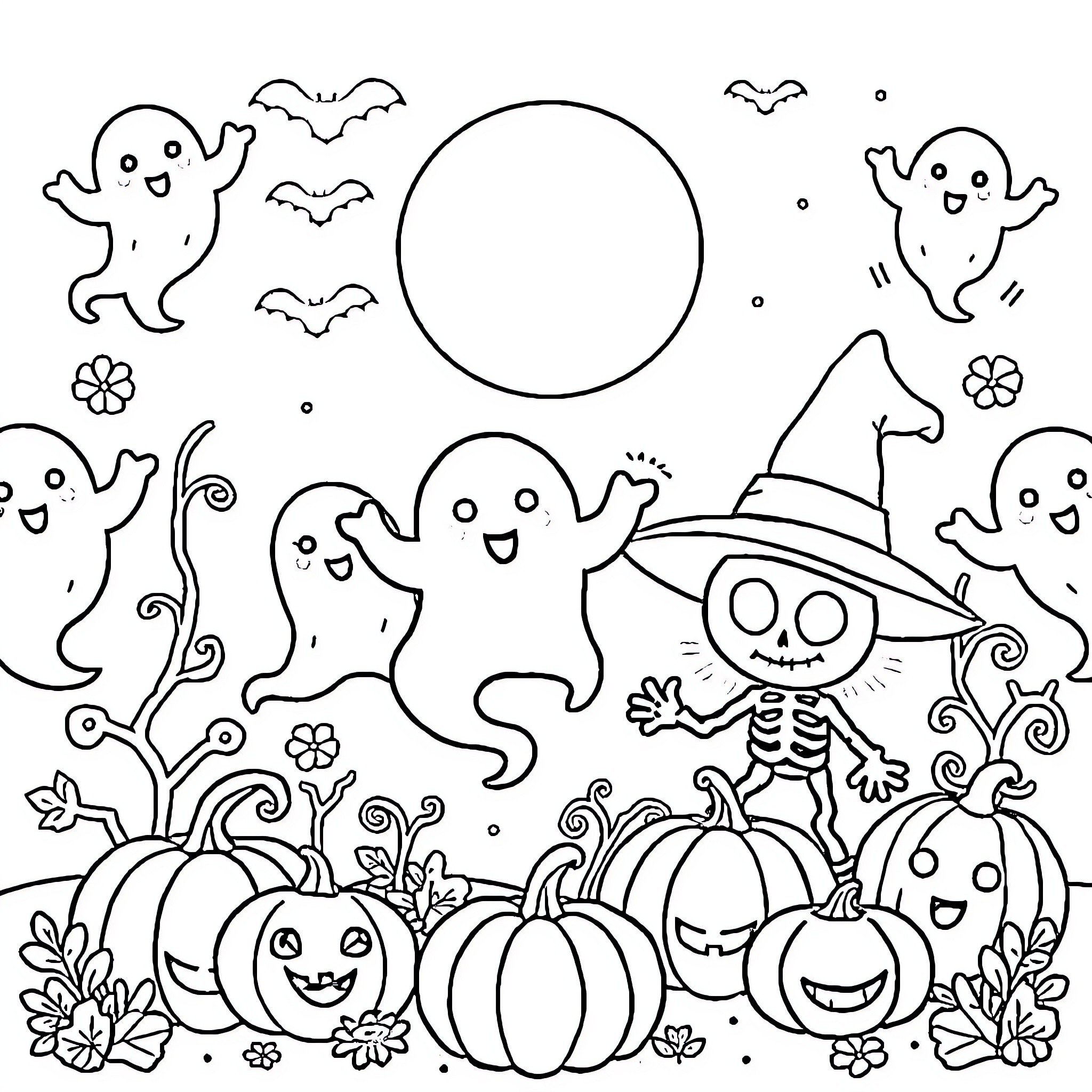 Witch's Whimsical Halloween Gathering Coloring Page (free black-and-white line drawing printable PDF for all, from beginners to advanced learners, including children, teens, adults, and seniors)