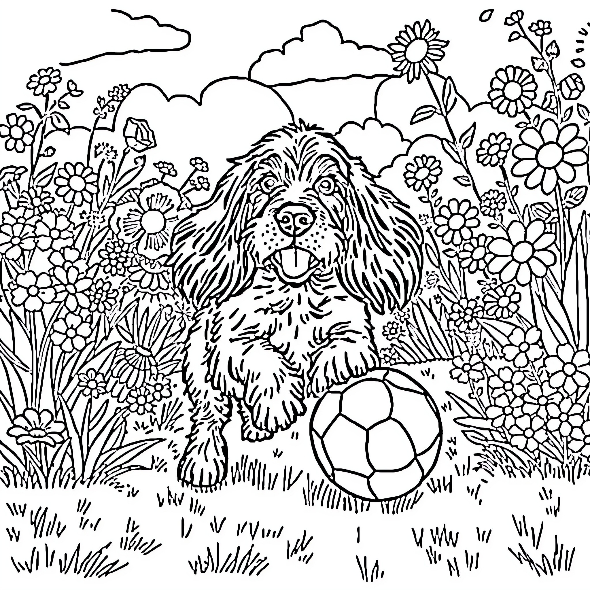 Cocker Spaniel playing joyfully with soccer ball in flower field Coloring Page (free black-and-white line drawing printable PDF for all, from beginners to advanced learners, including children, teens, adults, and seniors)