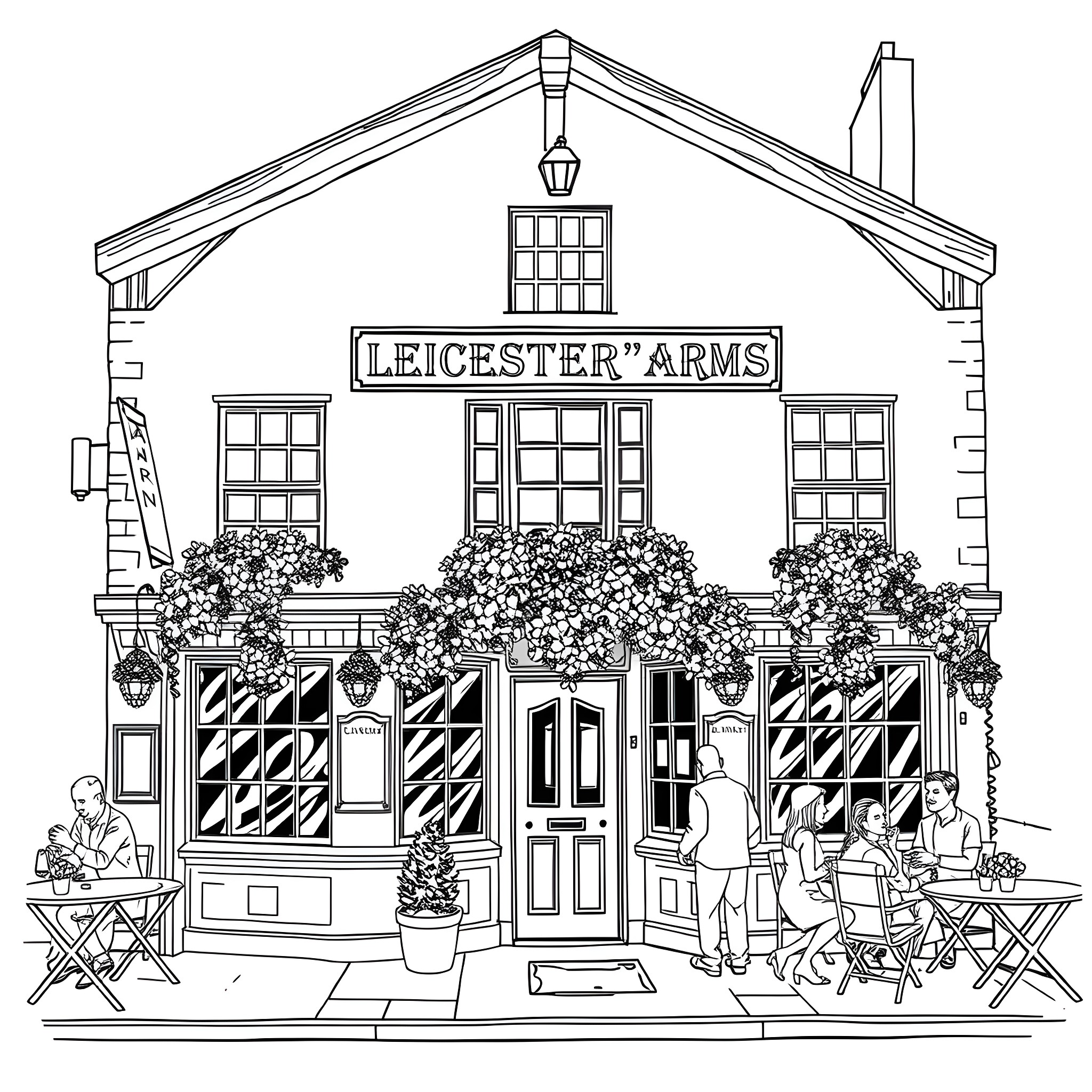 Leicester Arms Pub with Outdoor Seating and Floral Decorations Coloring Page (free black-and-white line drawing printable PDF for all, from beginners to advanced learners, including children, teens, adults, and seniors)