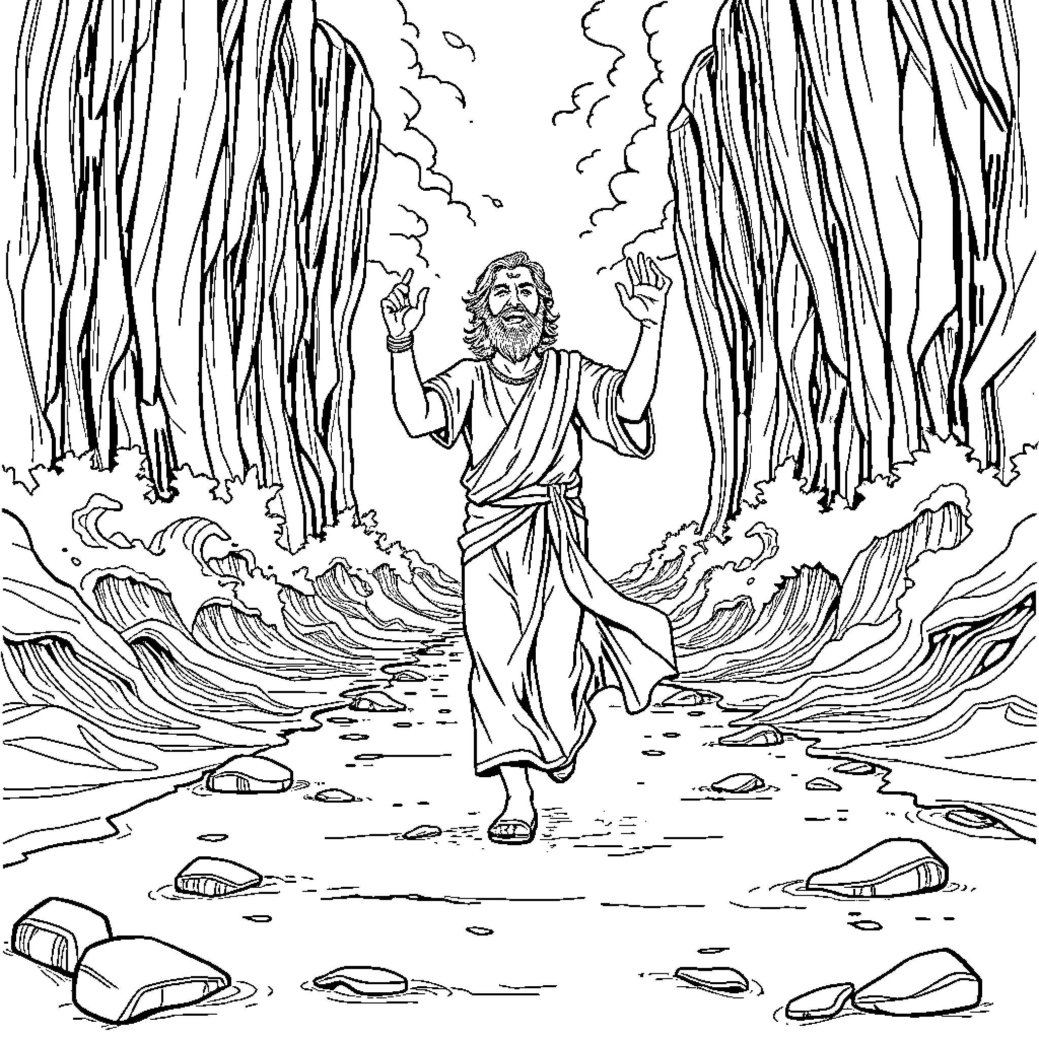 Moses Parting the Sea with Divine Power Coloring Page (free black-and-white line drawing printable PDF for all, from beginners to advanced learners, including children, teens, adults, and seniors)