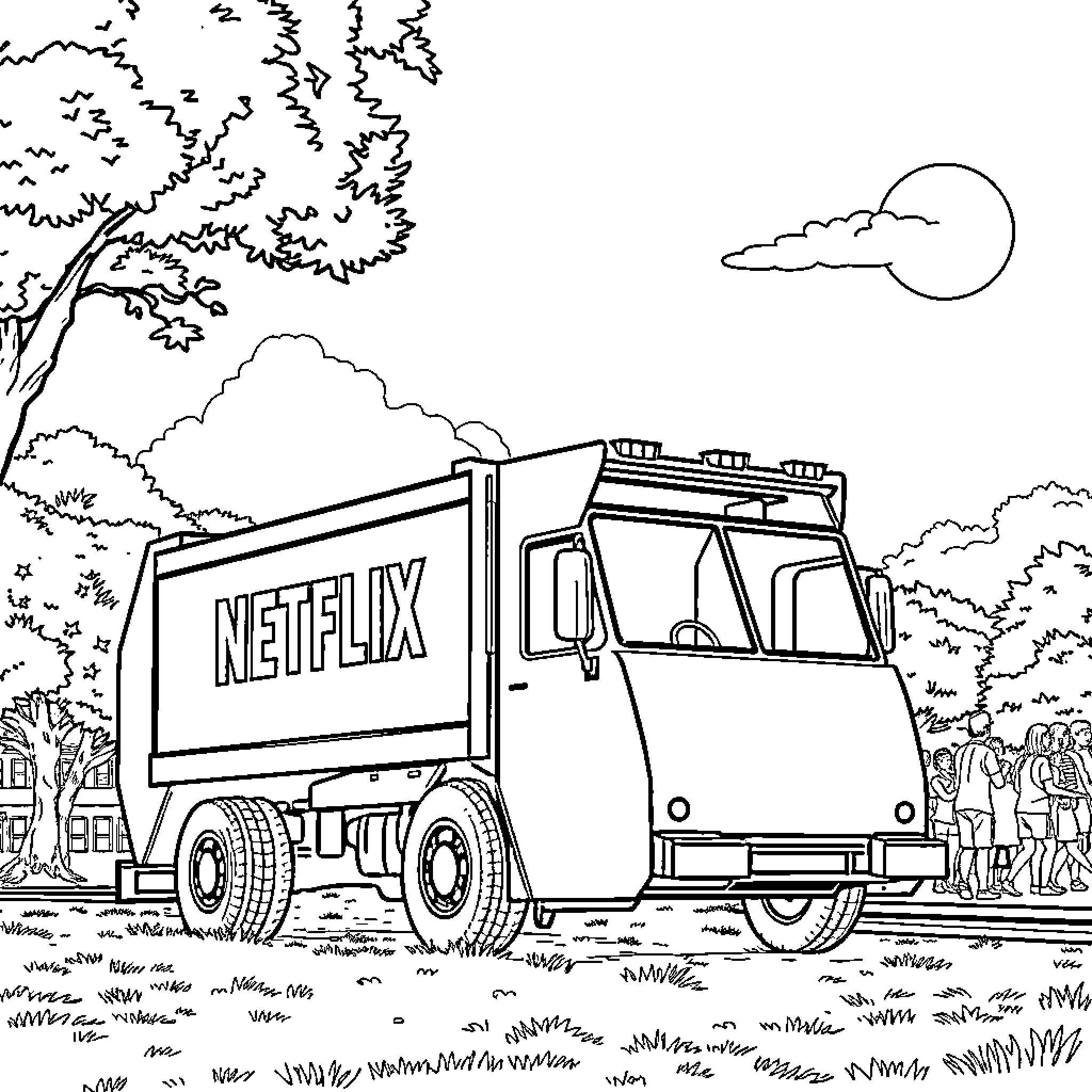 Truck delivering Netflix content to the neighborhood Coloring Page (free black-and-white line drawing printable PDF for all, from beginners to advanced learners, including children, teens, adults, and seniors)