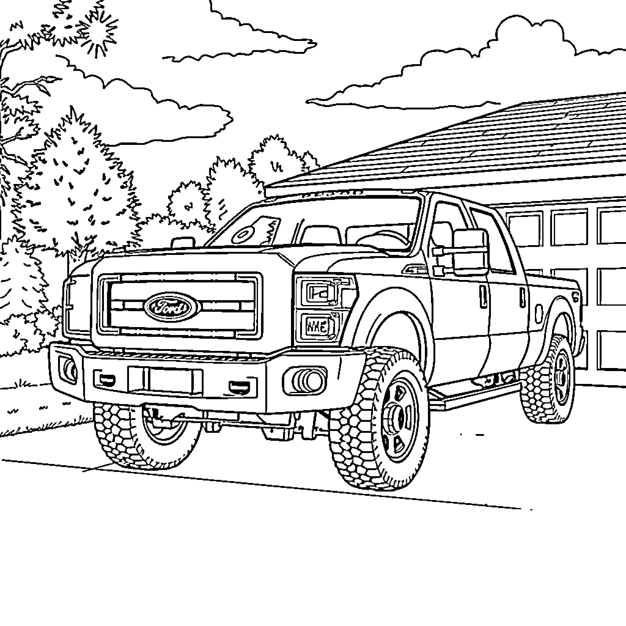 F350 Rugged Truck in Outdoor Scene Coloring Page (free black-and-white line drawing printable PDF for all, from beginners to advanced learners, including children, teens, adults, and seniors)