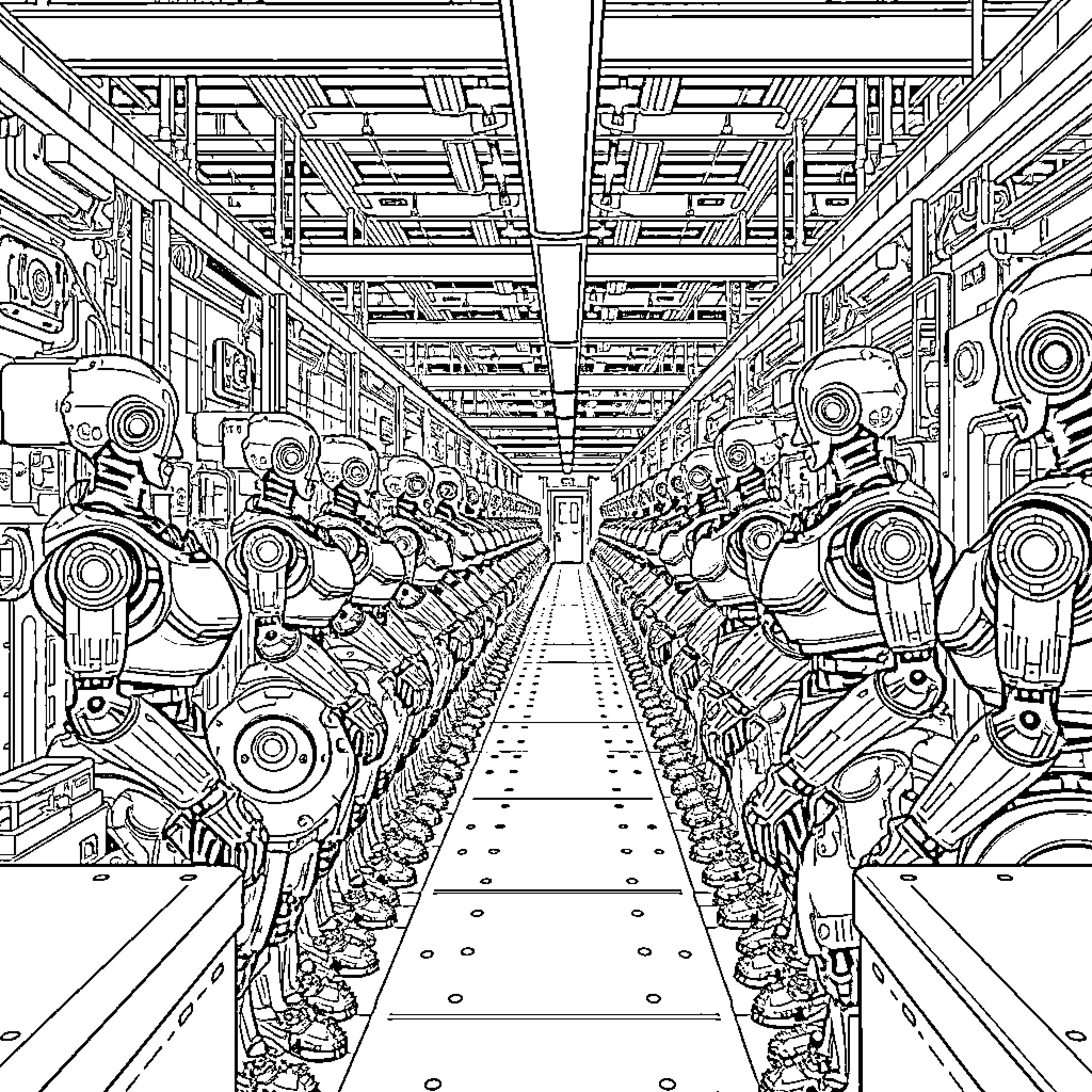 Robot assembly line in a futuristic factory Coloring Page (free black-and-white line drawing printable PDF for all, from beginners to advanced learners, including children, teens, adults, and seniors)