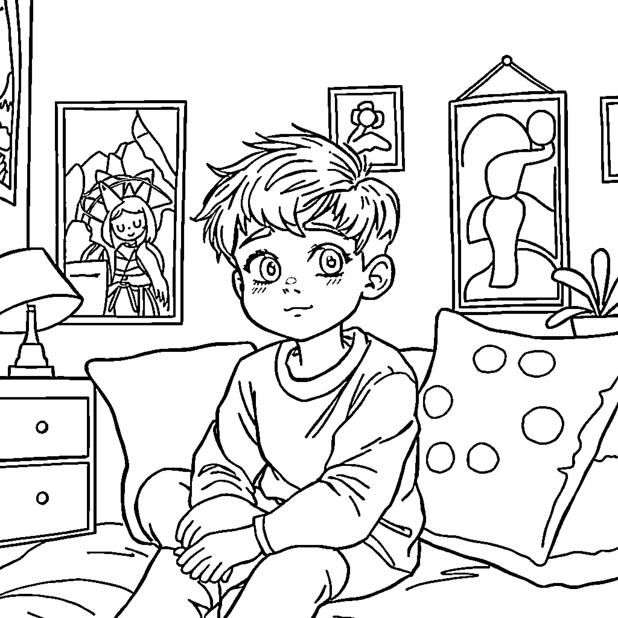Boy sitting sadly in his room Coloring Page (free black-and-white line drawing printable PDF for all, from beginners to advanced learners, including children, teens, adults, and seniors)