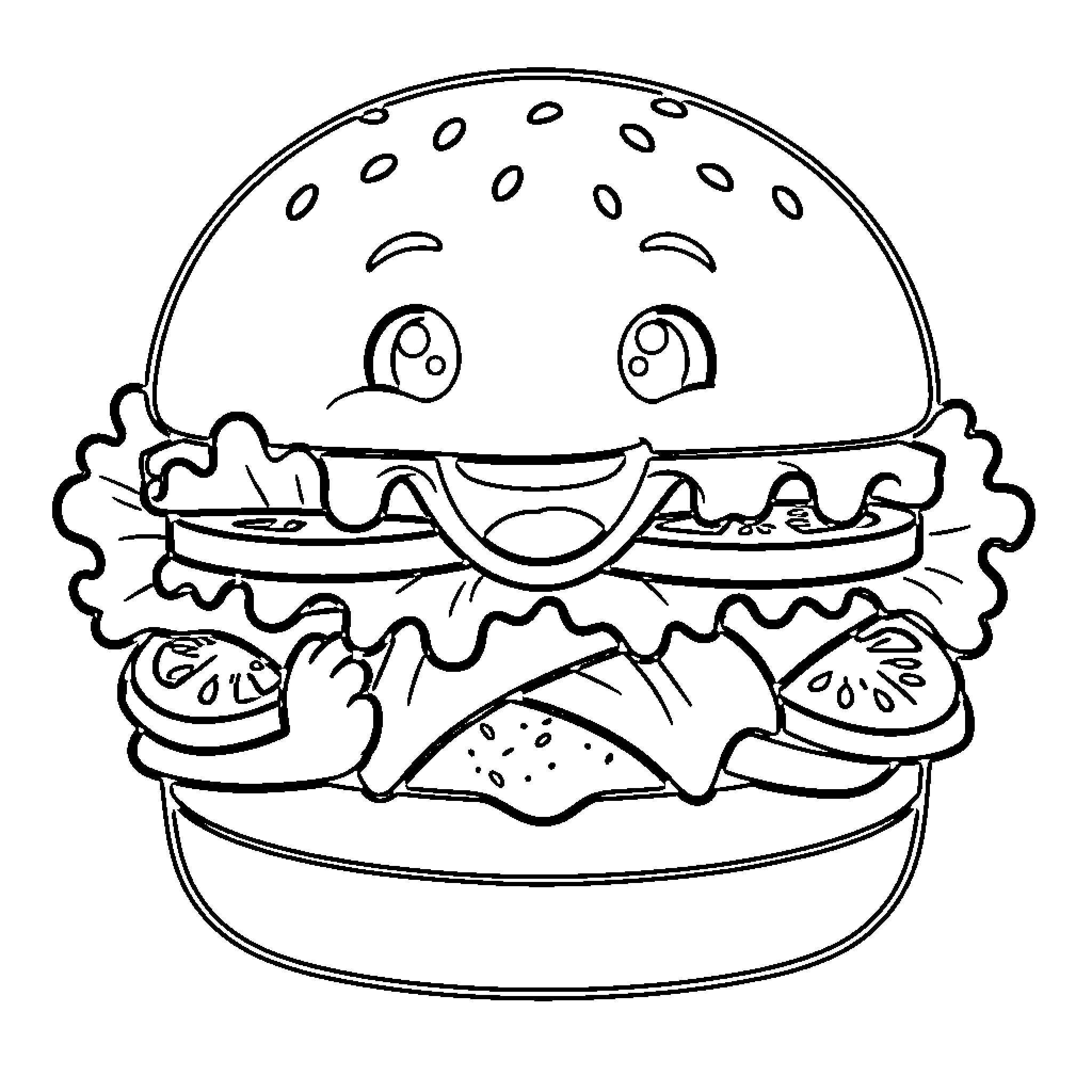 Happy Hamburger smiling with a joyful facial expression Coloring Page (free black-and-white line drawing printable PDF for all, from beginners to advanced learners, including children, teens, adults, and seniors)