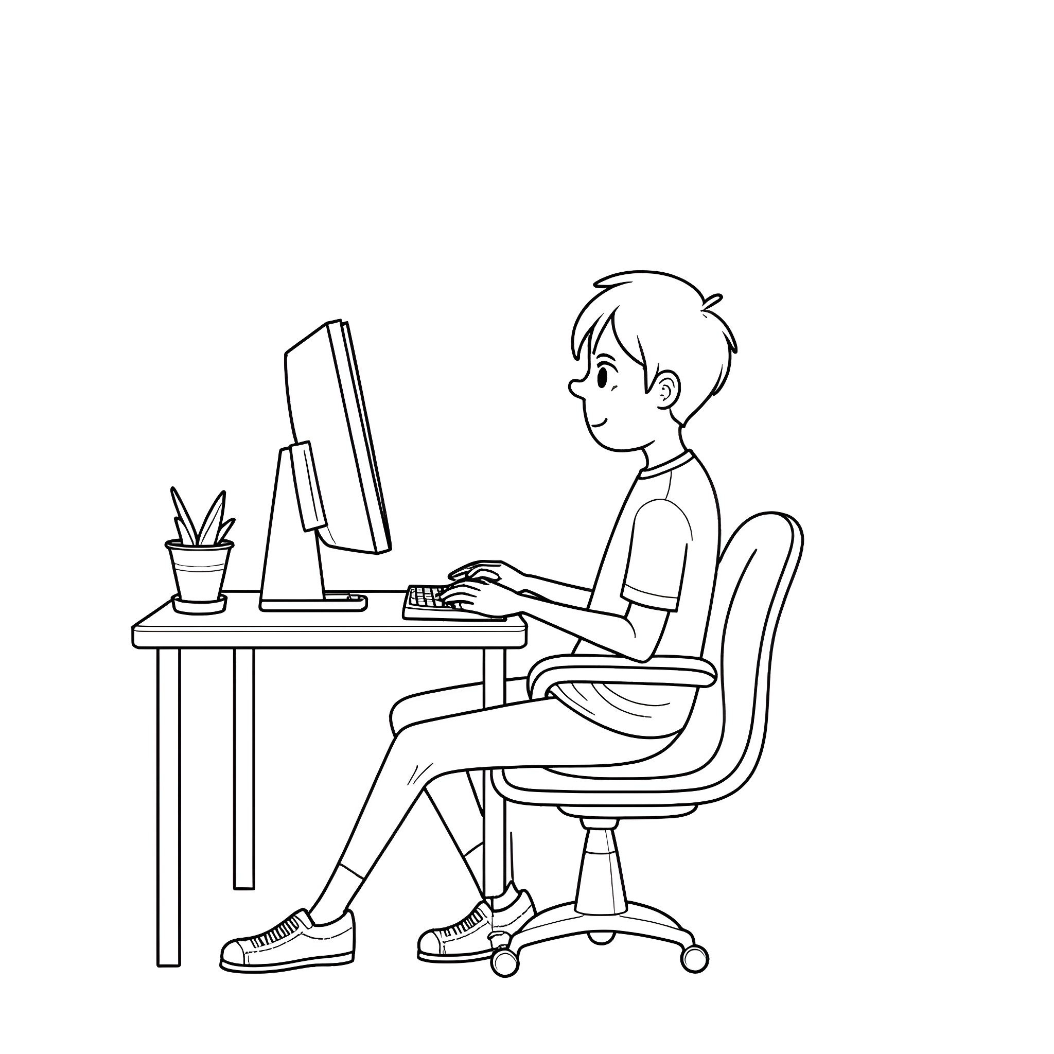 Game Developer Working at Computer Desk Coloring Page (free black-and-white line drawing printable PDF for all, from beginners to advanced learners, including children, teens, adults, and seniors)