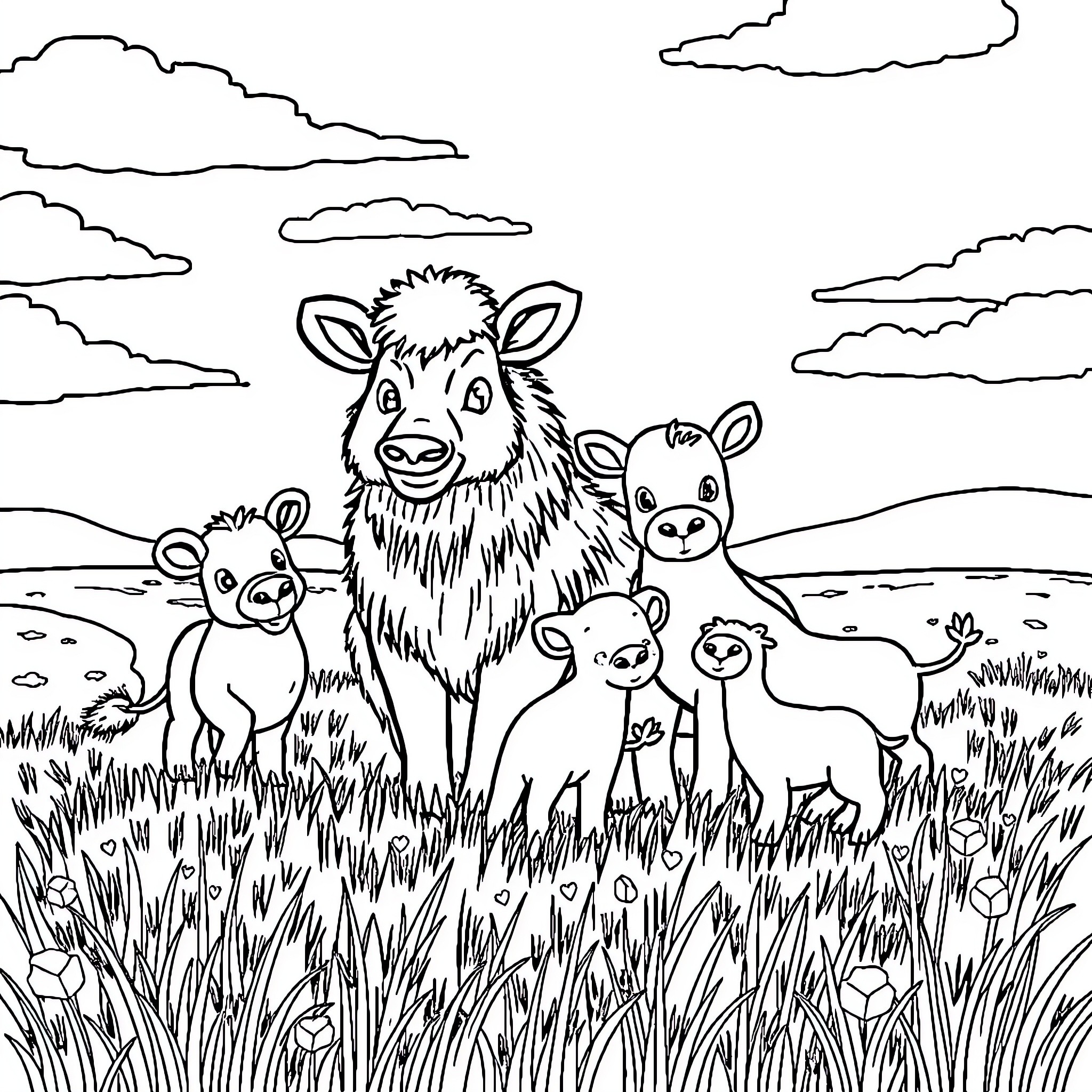 Animal family in the grassy meadow Coloring Page (free black-and-white line drawing printable PDF for all, from beginners to advanced learners, including children, teens, adults, and seniors)