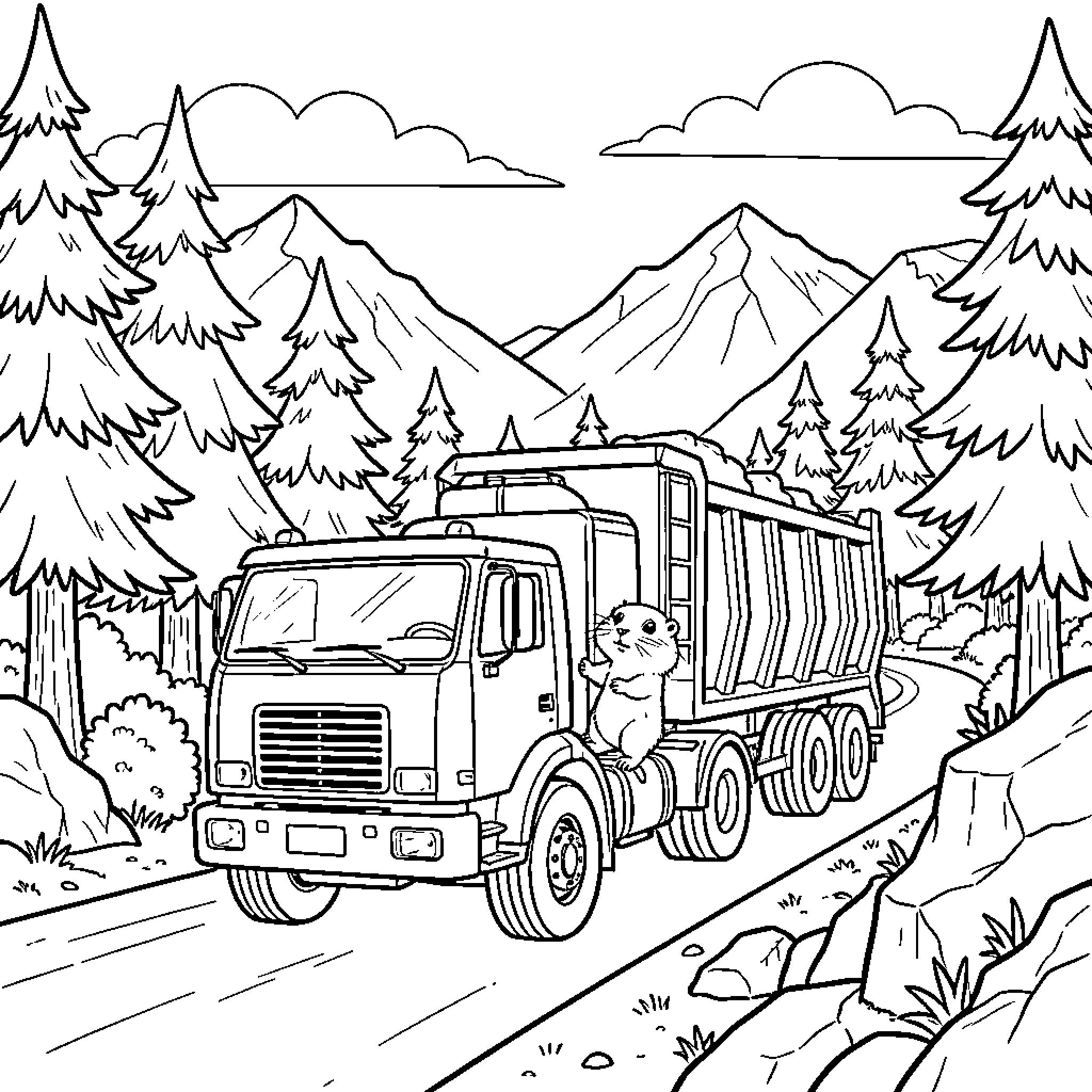 Marmot riding on a large dump truck through mountains Coloring Page (free black-and-white line drawing printable PDF for all, from beginners to advanced learners, including children, teens, adults, and seniors)
