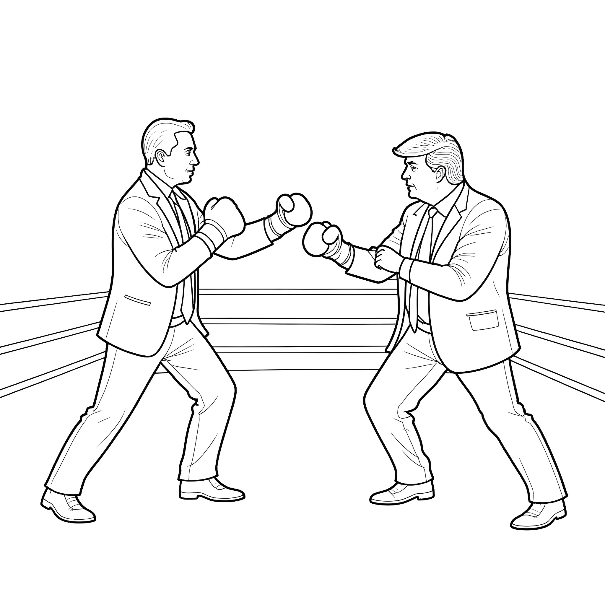 Boxing Match between Business Rivals Coloring Page (free black-and-white line drawing printable PDF for all, from beginners to advanced learners, including children, teens, adults, and seniors)