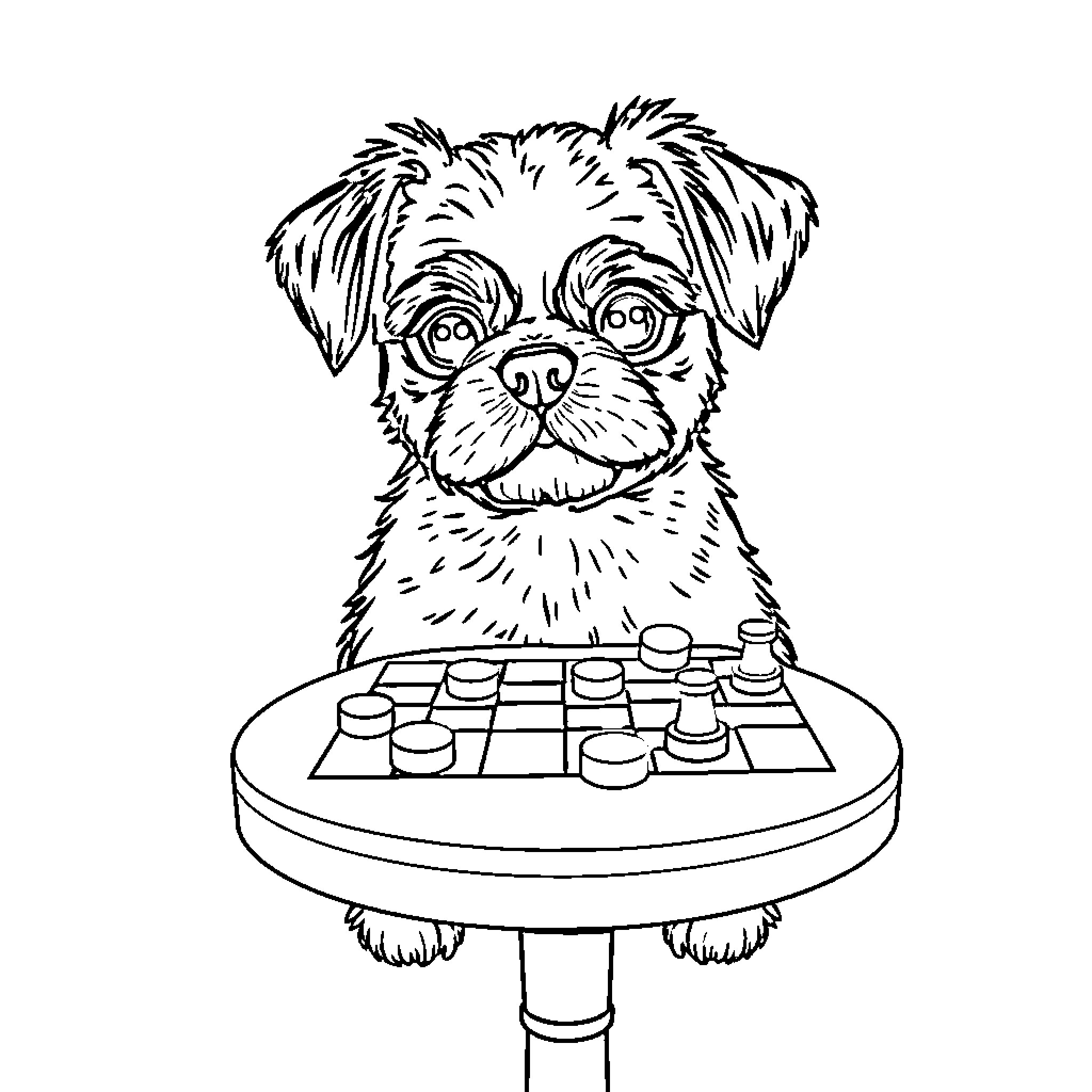 Shih Tzu playing checkers on a table Coloring Page (free black-and-white line drawing printable PDF for all, from beginners to advanced learners, including children, teens, adults, and seniors)