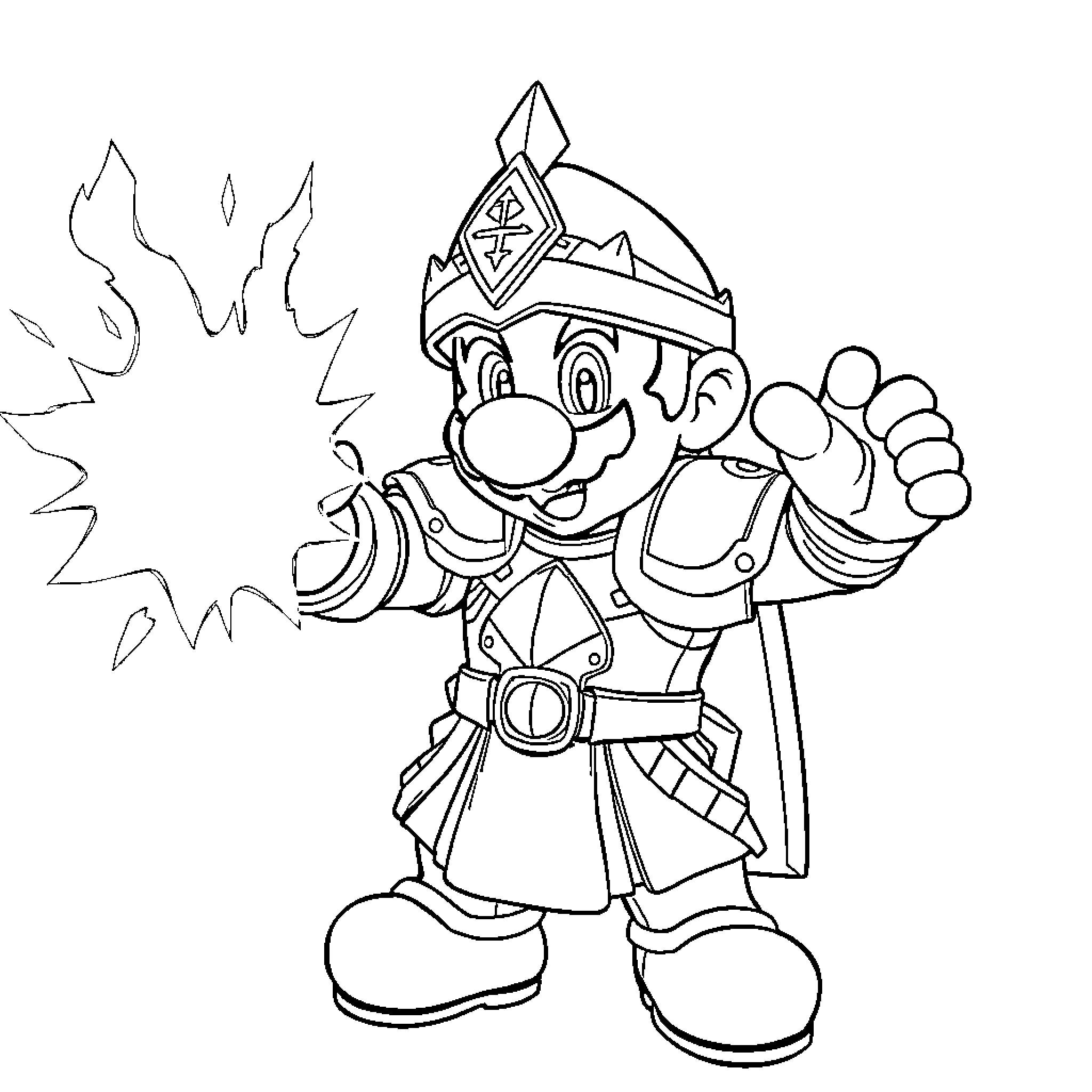 Mario in heroic adventure gear Coloring Page (free black-and-white line drawing printable PDF for all, from beginners to advanced learners, including children, teens, adults, and seniors)