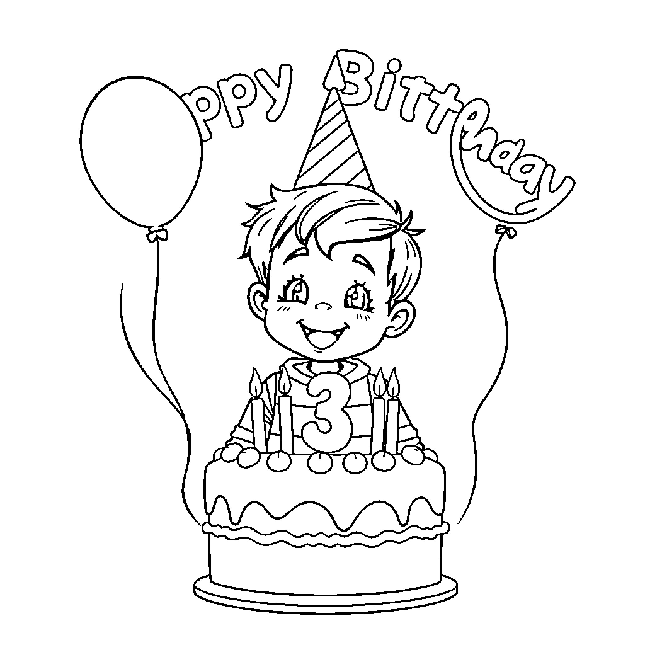 Kylo's 3rd Birthday Celebration Coloring Page (free black-and-white line drawing printable PDF for all, from beginners to advanced learners, including children, teens, adults, and seniors)