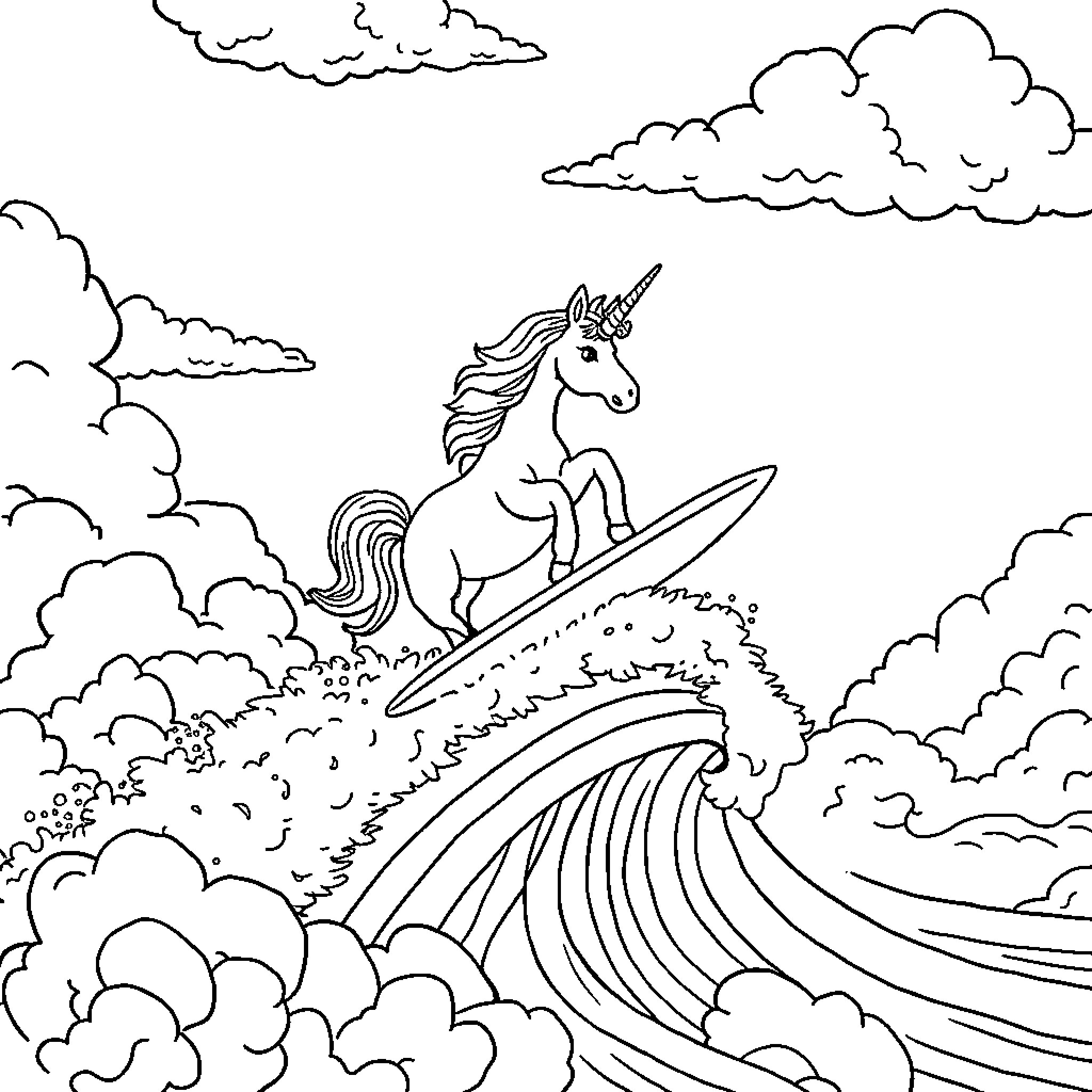 Unicorn riding waves in a magical seascape Coloring Page (free black-and-white line drawing printable PDF for all, from beginners to advanced learners, including children, teens, adults, and seniors)
