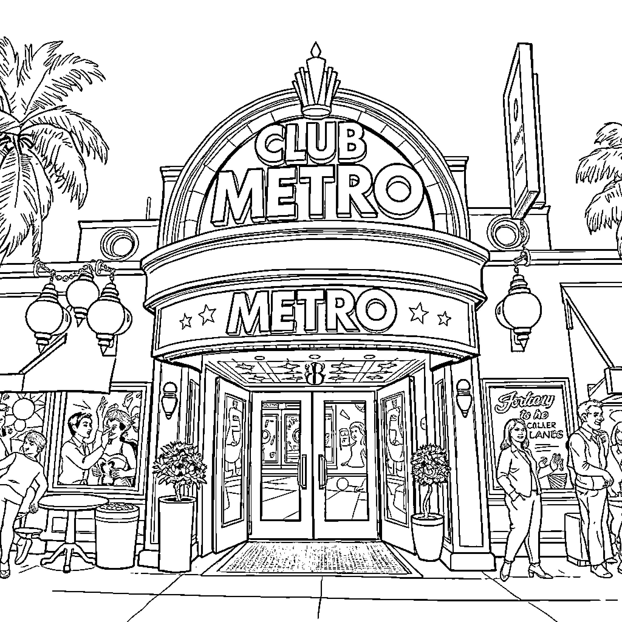 Club Metro: Lively Entrance with Festive Decor Coloring Page (free black-and-white line drawing printable PDF for all, from beginners to advanced learners, including children, teens, adults, and seniors)