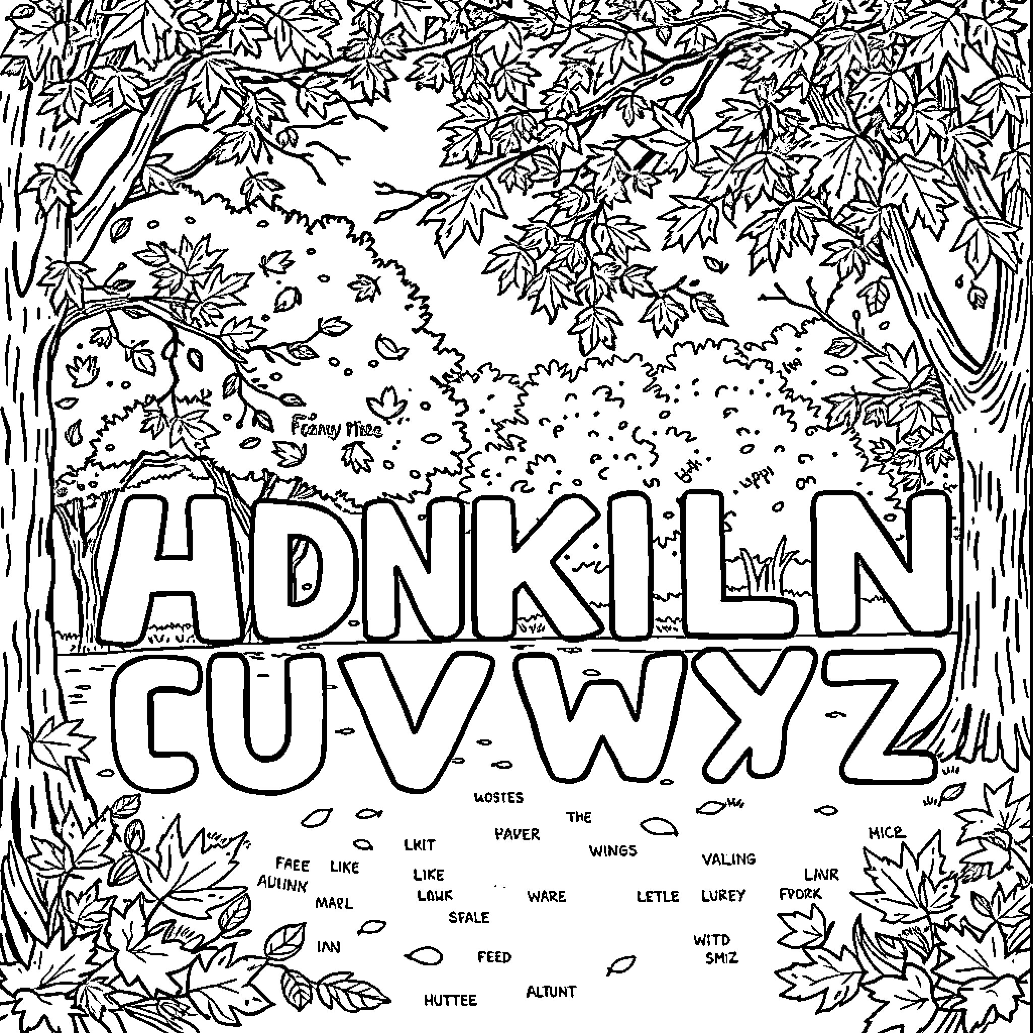 Letter of the Alphabet Autumn Scene Coloring Page (free black-and-white line drawing printable PDF for all, from beginners to advanced learners, including children, teens, adults, and seniors)