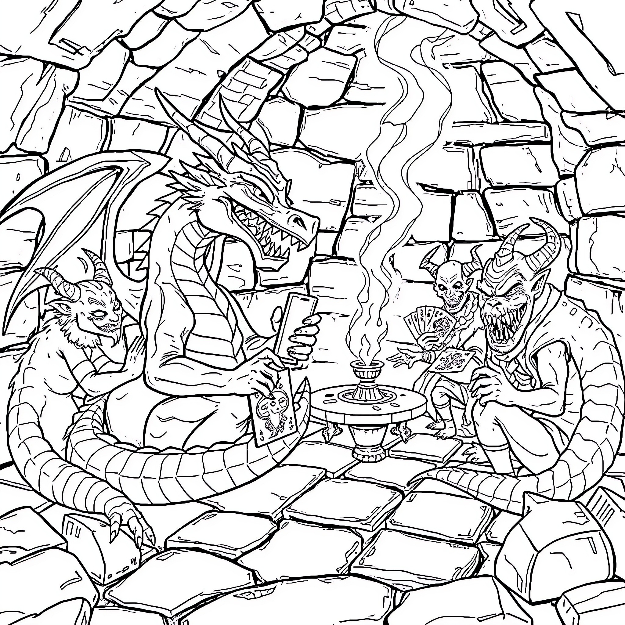 Dragon's Lair: Fierce Creatures Gather in the Cavern Coloring Page (free black-and-white line drawing printable PDF for all, from beginners to advanced learners, including children, teens, adults, and seniors)