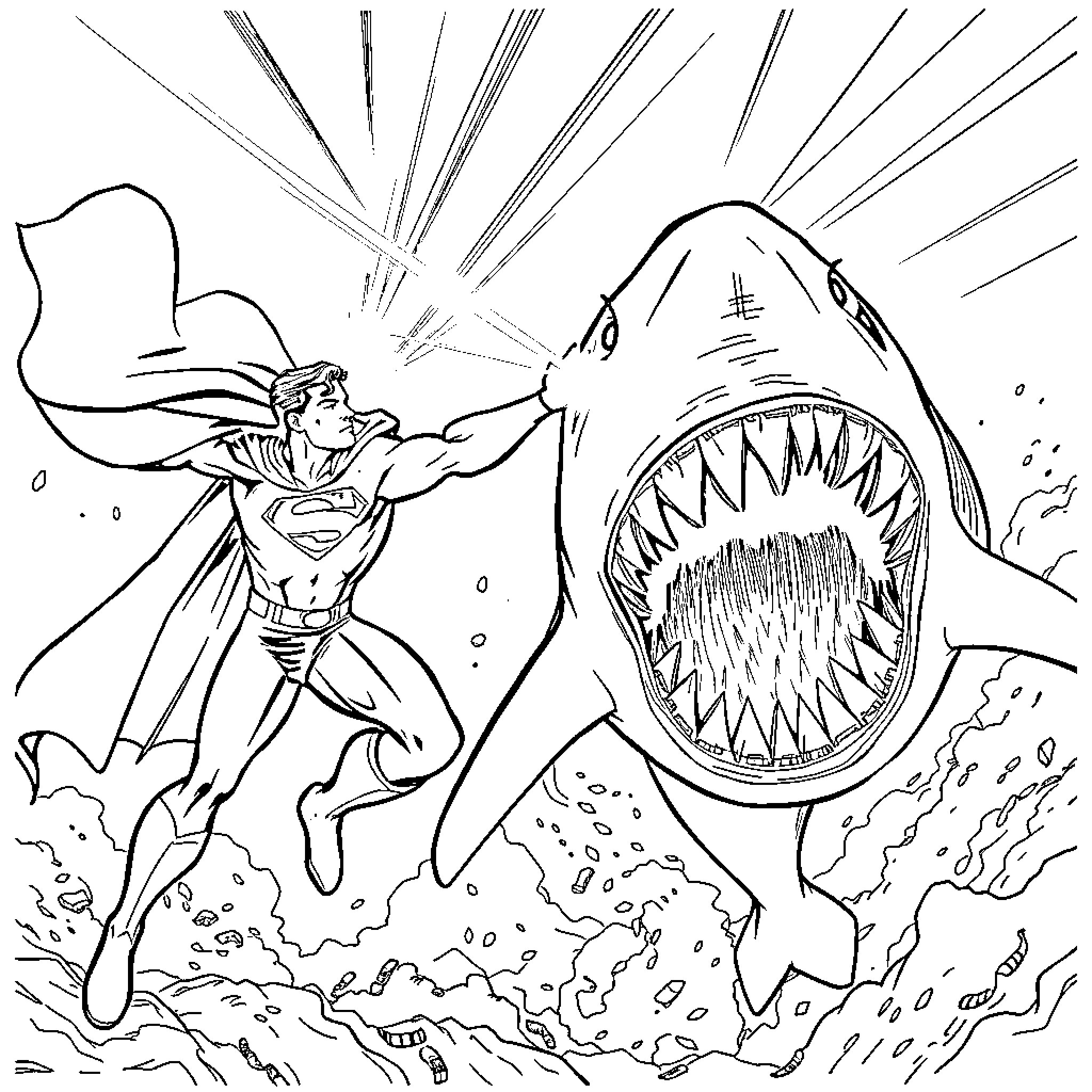 Superman battling a giant shark creature Coloring Page (free black-and-white line drawing printable PDF for all, from beginners to advanced learners, including children, teens, adults, and seniors)
