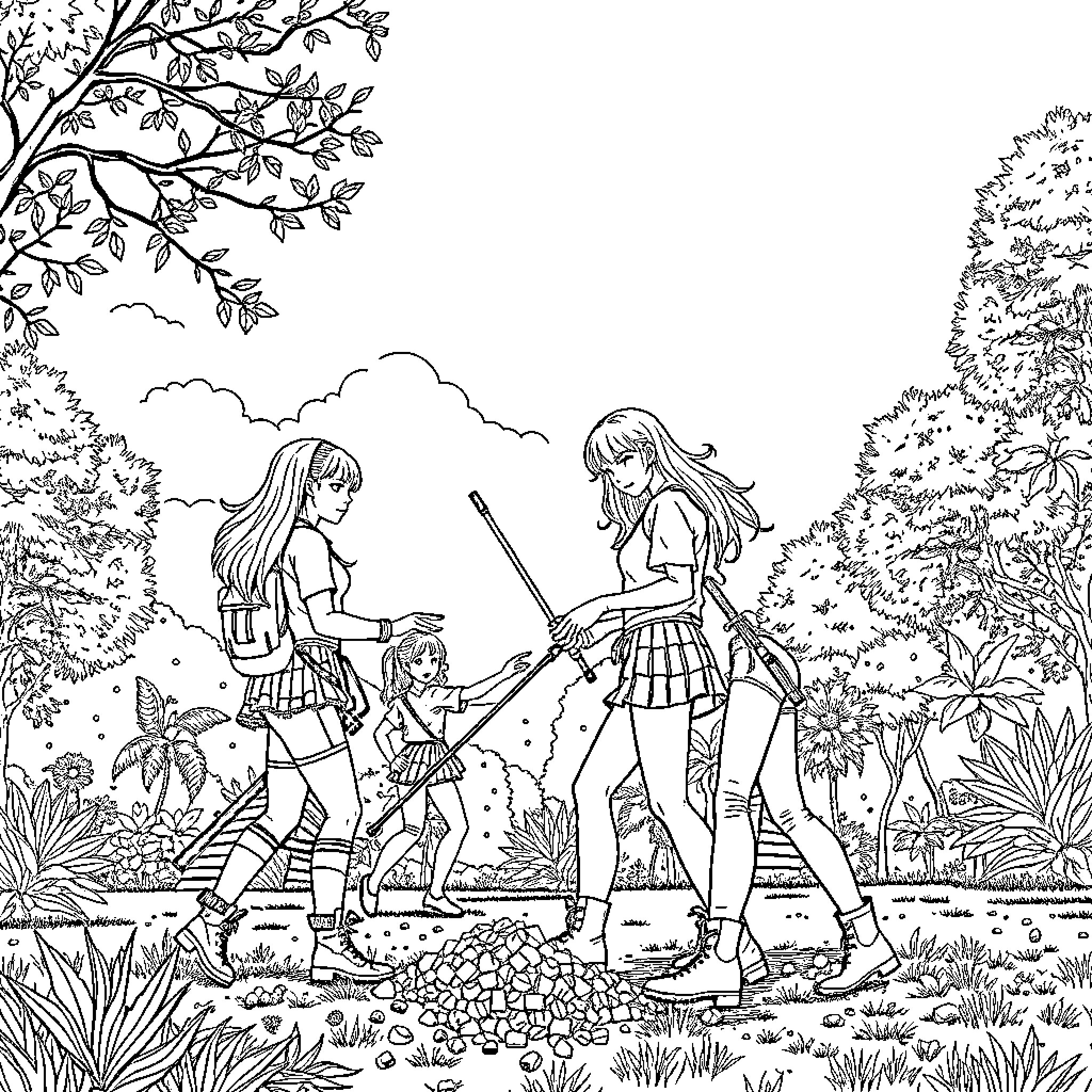 K-Pop Warriors Exploring the Enchanted Forest Coloring Page (free black-and-white line drawing printable PDF for all, from beginners to advanced learners, including children, teens, adults, and seniors)