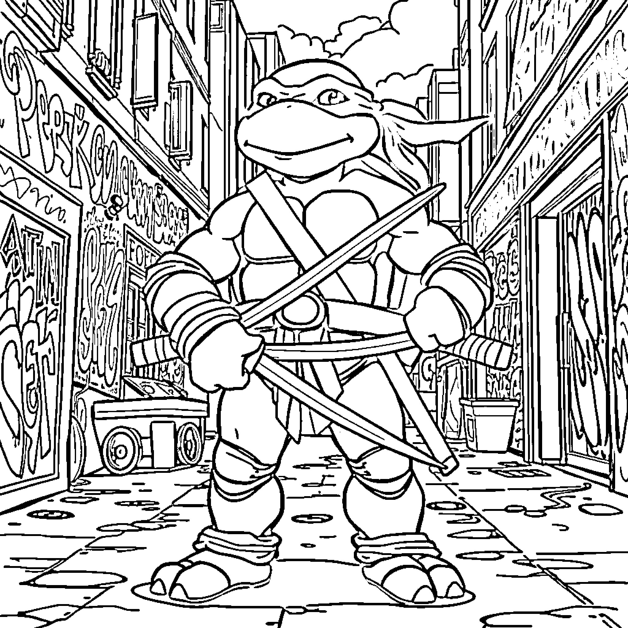 Raphael Explores the City Streets Coloring Page (free black-and-white line drawing printable PDF for all, from beginners to advanced learners, including children, teens, adults, and seniors)