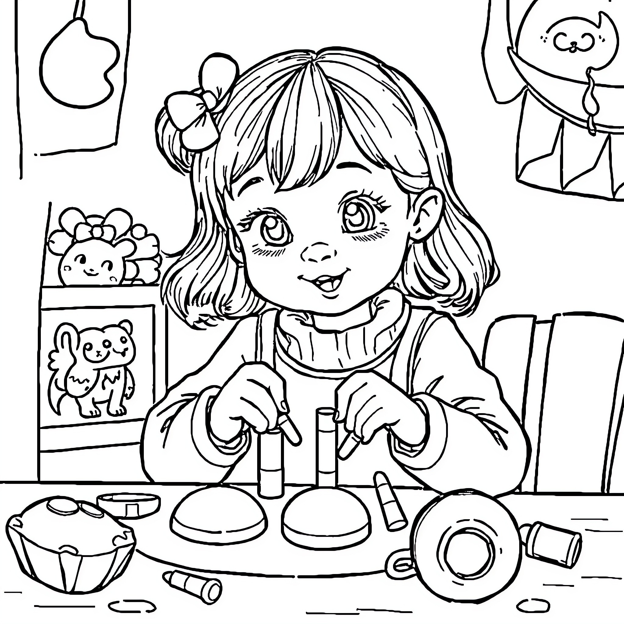 Girl exploring and playing with toys in her room Coloring Page (free black-and-white line drawing printable PDF for all, from beginners to advanced learners, including children, teens, adults, and seniors)