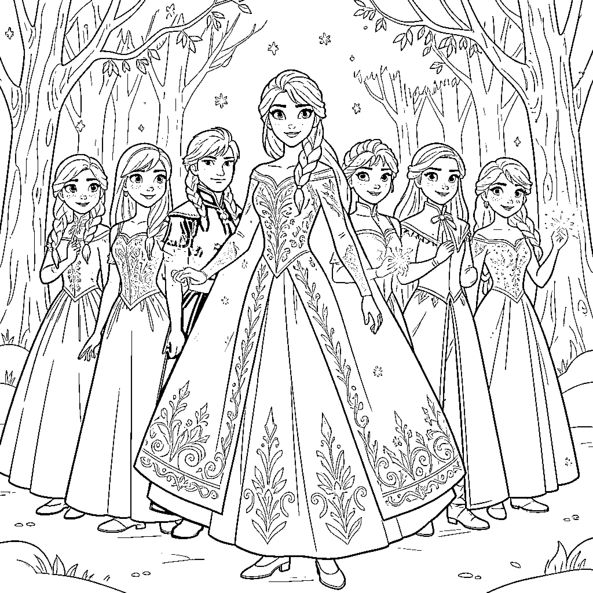 Frozen sisters bonding in the enchanted forest Coloring Page (free black-and-white line drawing printable PDF for all, from beginners to advanced learners, including children, teens, adults, and seniors)