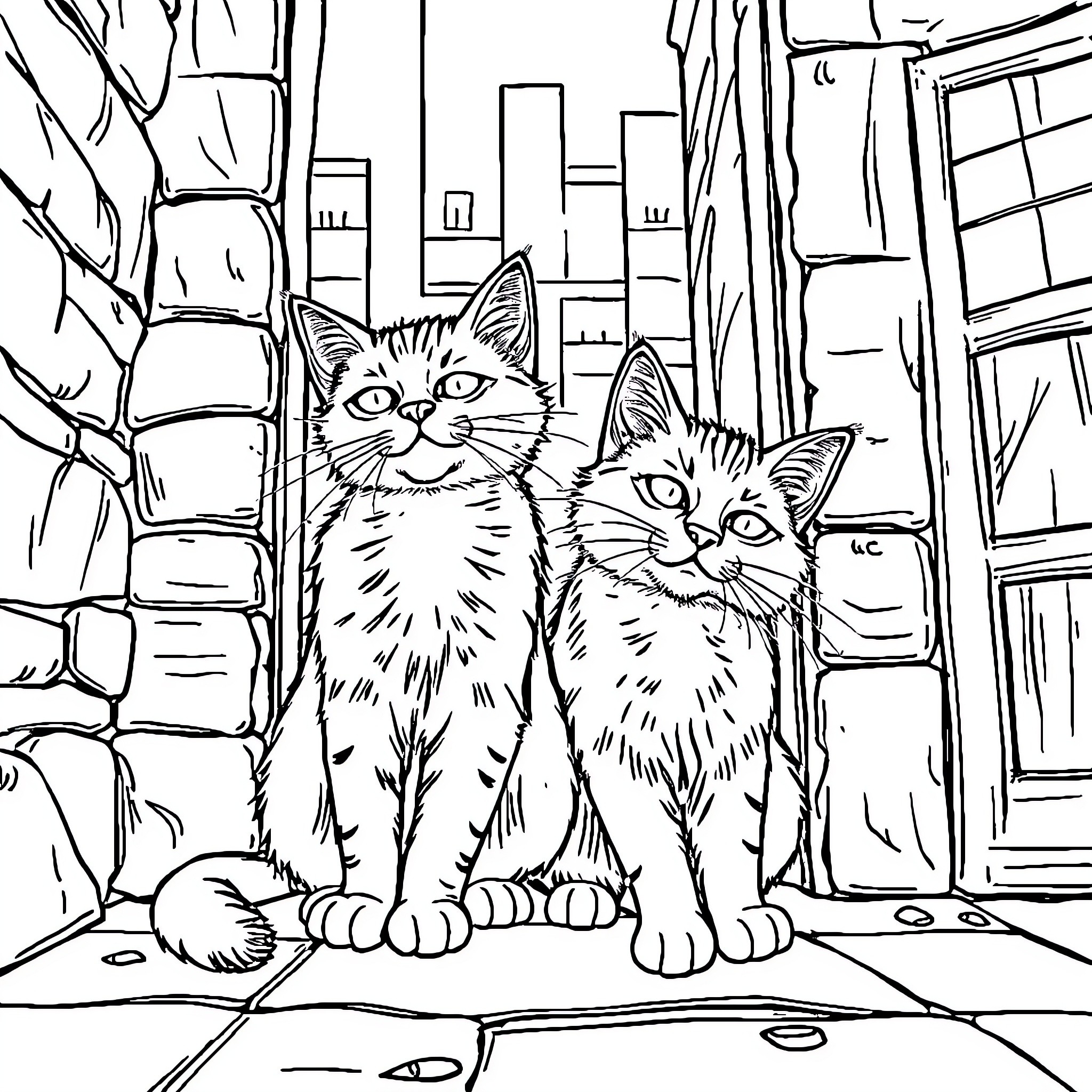 Gato Cats in the City Coloring Page (free black-and-white line drawing printable PDF for all, from beginners to advanced learners, including children, teens, adults, and seniors)