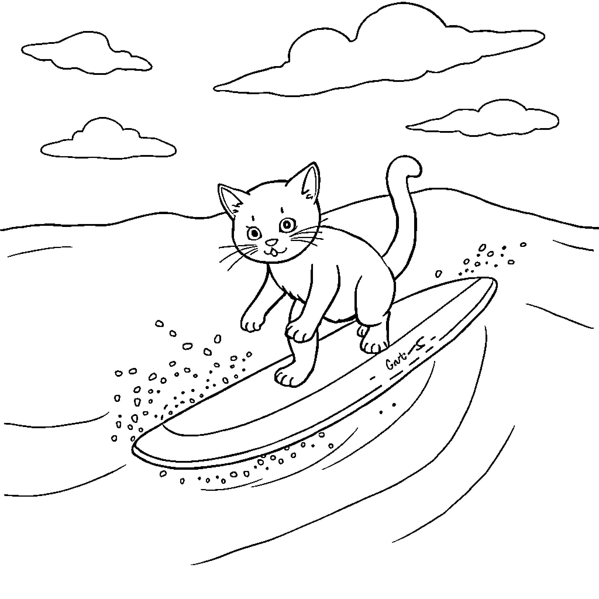 Cat surfing on waves in the ocean Coloring Page (free black-and-white line drawing printable PDF for all, from beginners to advanced learners, including children, teens, adults, and seniors)