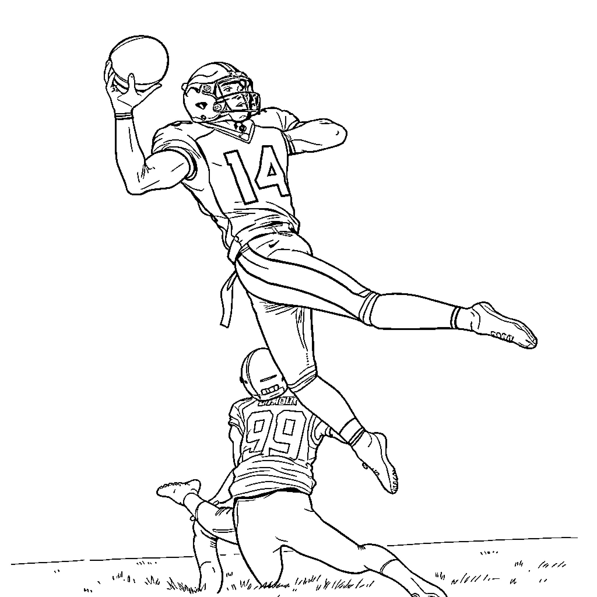 Football Player Making Touchdown Pass Coloring Page (free black-and-white line drawing printable PDF for all, from beginners to advanced learners, including children, teens, adults, and seniors)