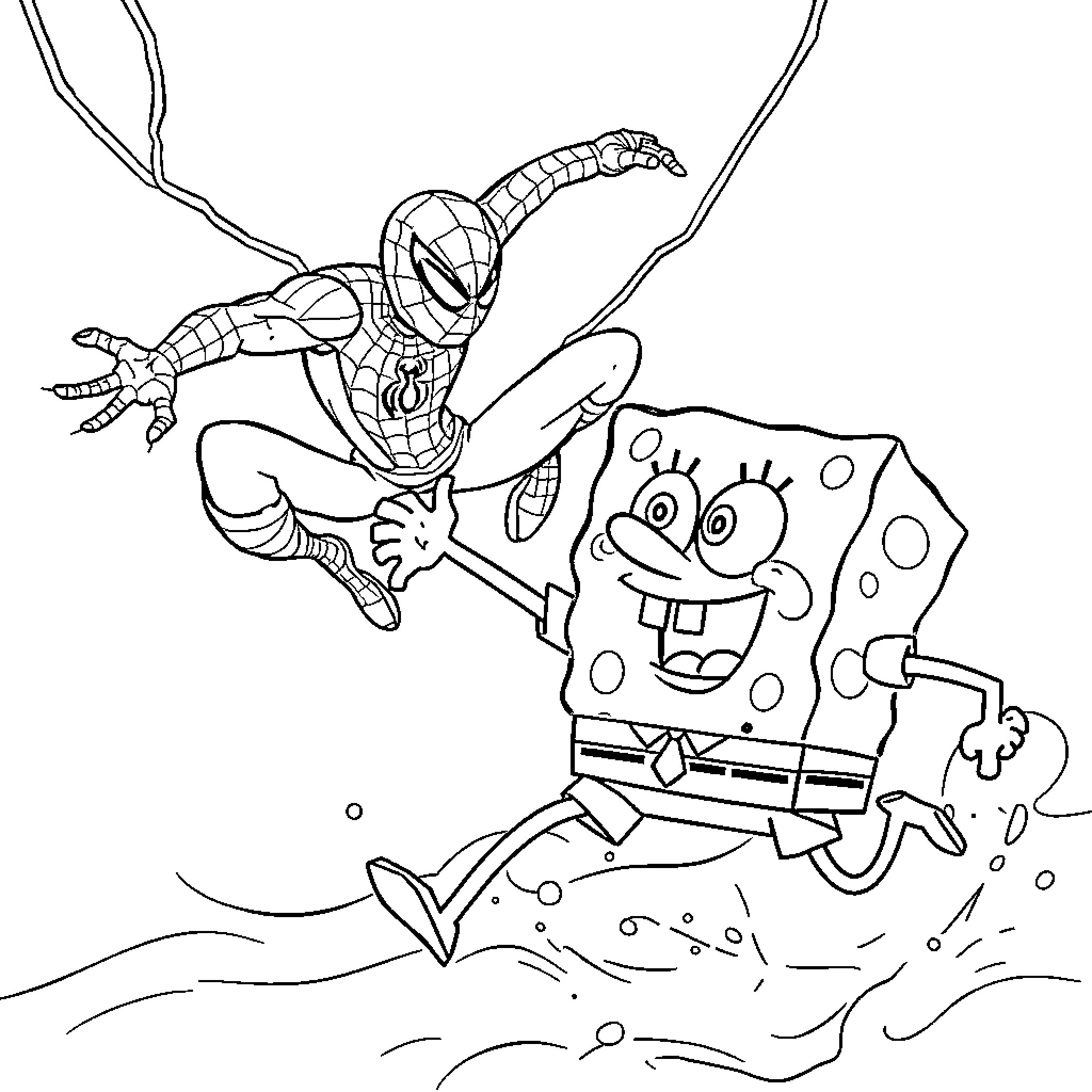 Spongebob and Spiderman's Underwater Adventure Coloring Page (free black-and-white line drawing printable PDF for all, from beginners to advanced learners, including children, teens, adults, and seniors)