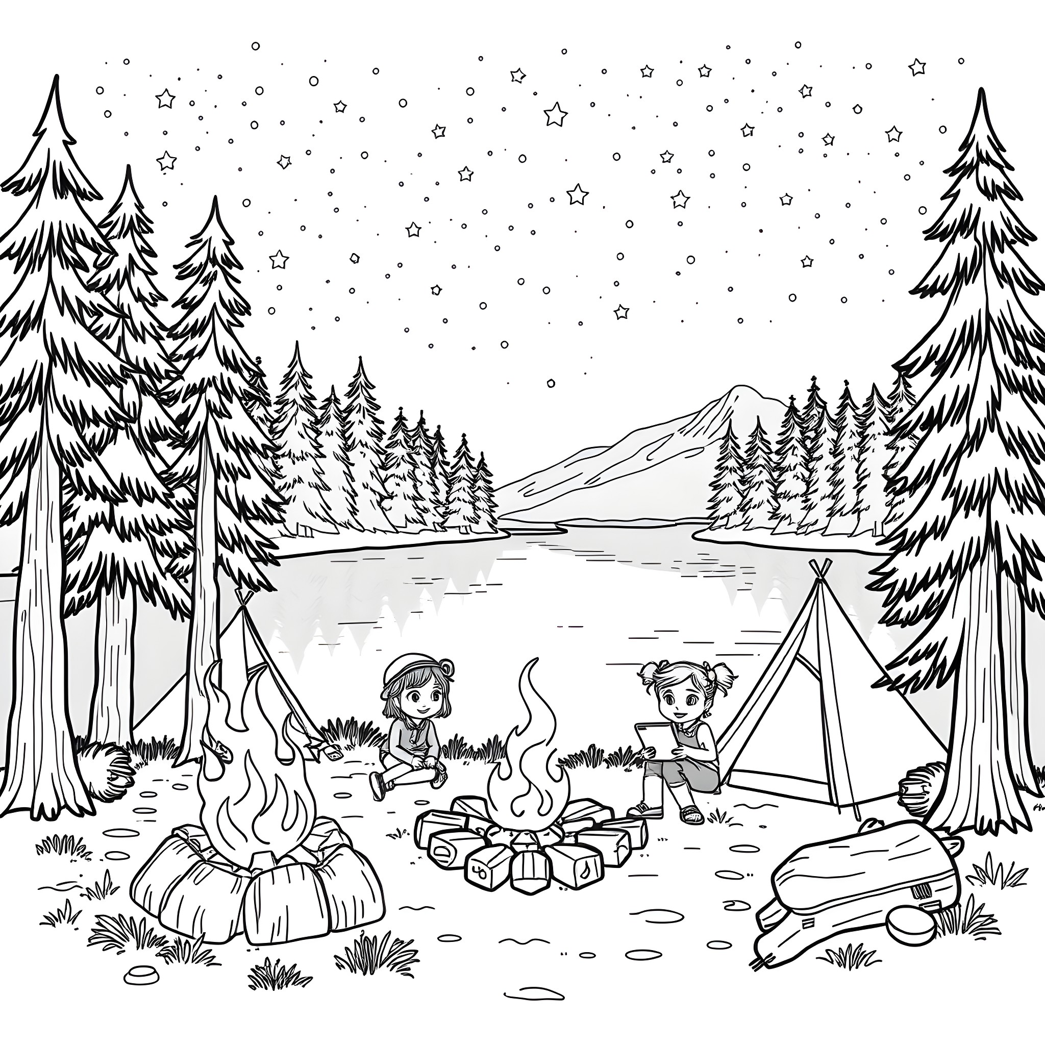 Gabby Dollhouse Camping Adventure in the Snowy Forest Coloring Page (free black-and-white line drawing printable PDF for all, from beginners to advanced learners, including children, teens, adults, and seniors)