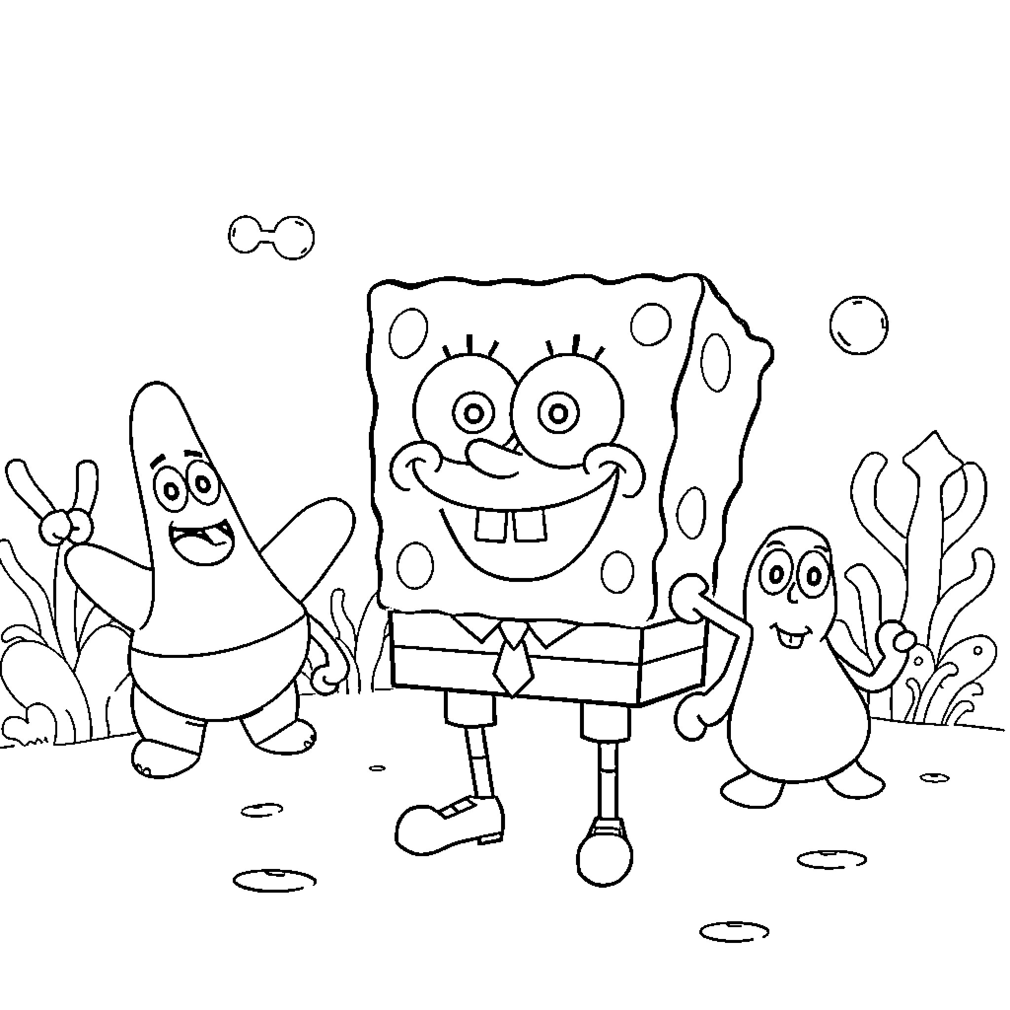 Spongebob and friends in an underwater scene Coloring Page (free black-and-white line drawing printable PDF for all, from beginners to advanced learners, including children, teens, adults, and seniors)