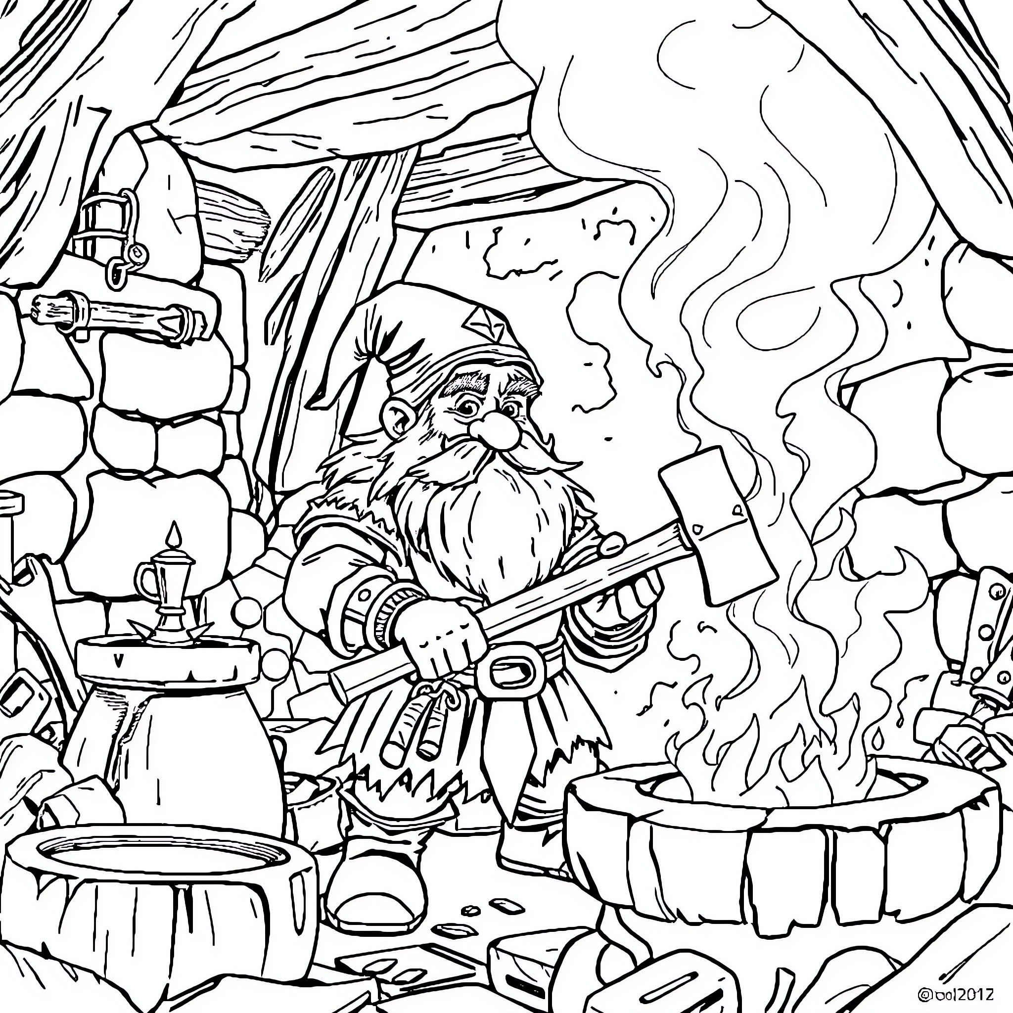 Dwarf wizard brewing potions in his mystical workshop Coloring Page (free black-and-white line drawing printable PDF for all, from beginners to advanced learners, including children, teens, adults, and seniors)