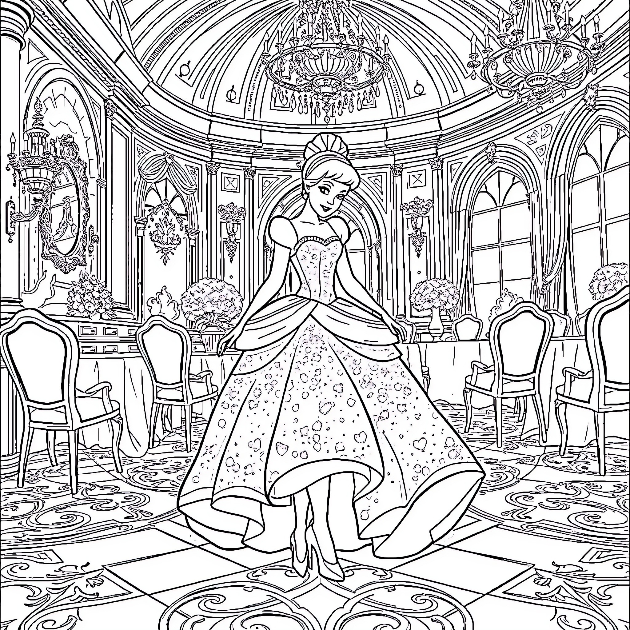 Cinderella's Enchanting Ball Gown Debut Coloring Page (free black-and-white line drawing printable PDF for all, from beginners to advanced learners, including children, teens, adults, and seniors)