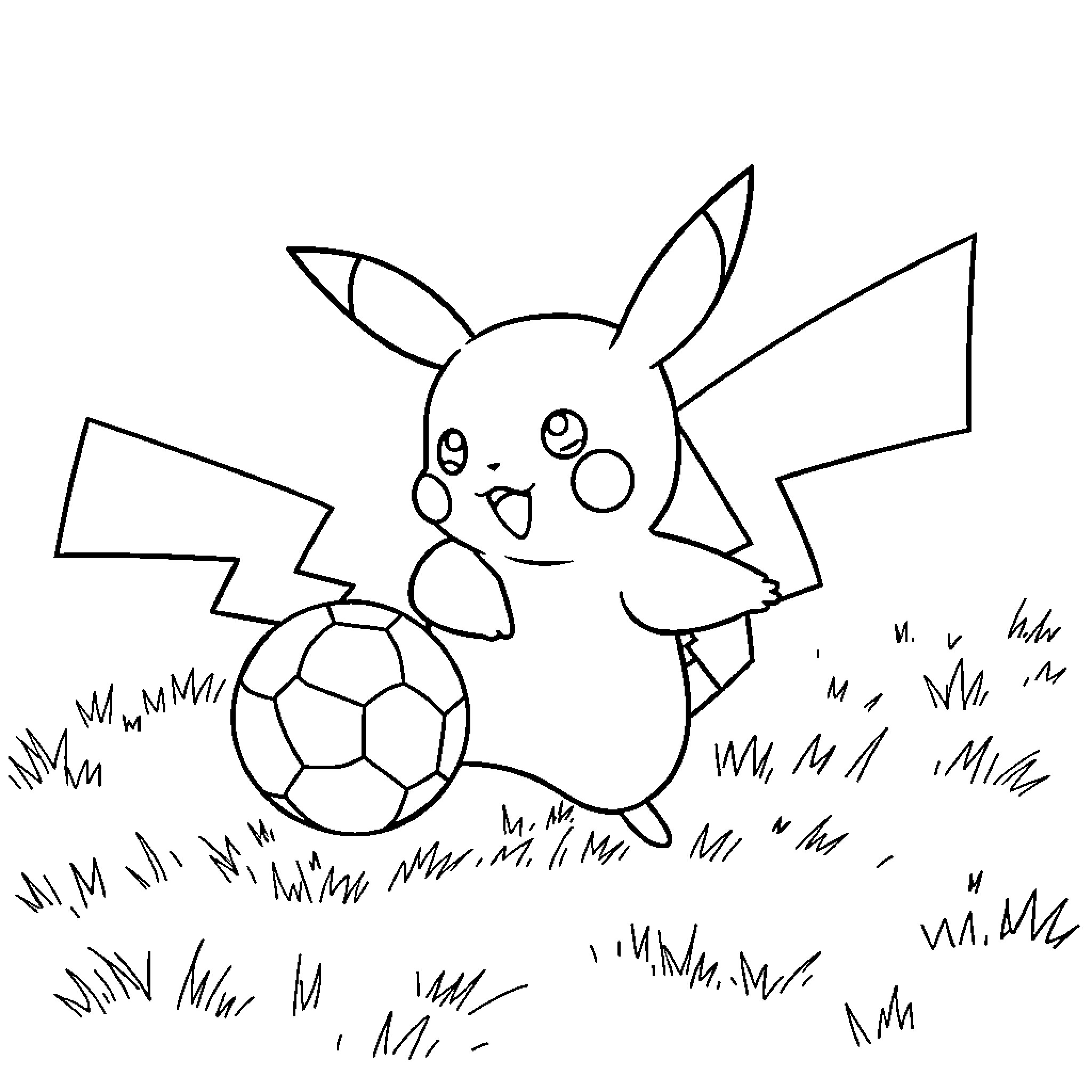 Pikachu playing soccer on a grassy field Coloring Page (free black-and-white line drawing printable PDF for all, from beginners to advanced learners, including children, teens, adults, and seniors)
